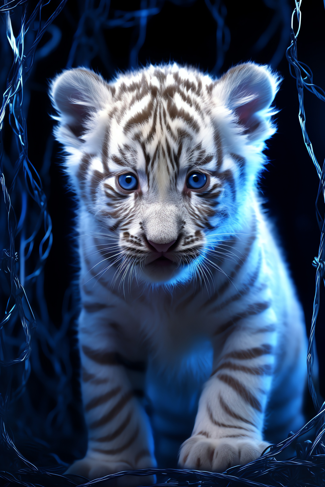 White Tiger Cub, Azure eyeline, Bold patterning, Luminous lines, Cub's composure, HD Phone Wallpaper