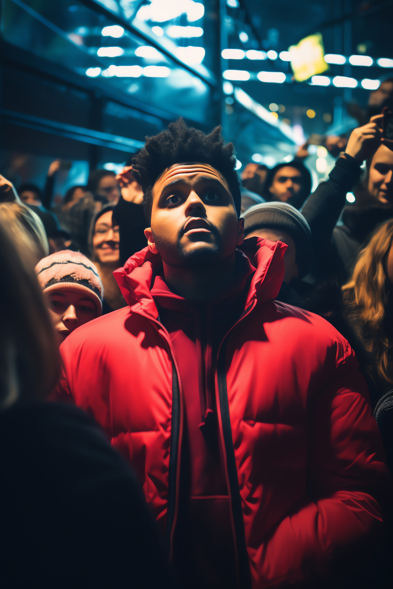 The Weeknd surrounded by concert fans, energetic live performance, striking vibrant red jacket, arms raised in song, HD Phone Image