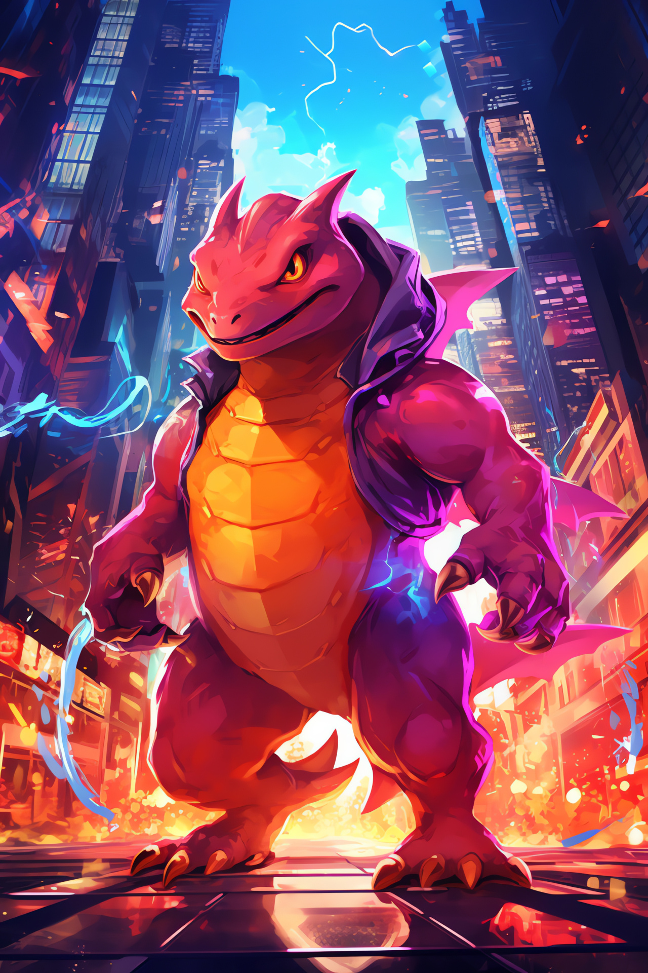 Charmeleon's urban backdrop, advanced cityscape, engagement in modernity, Fire-type evolution, illuminated night, HD Phone Image