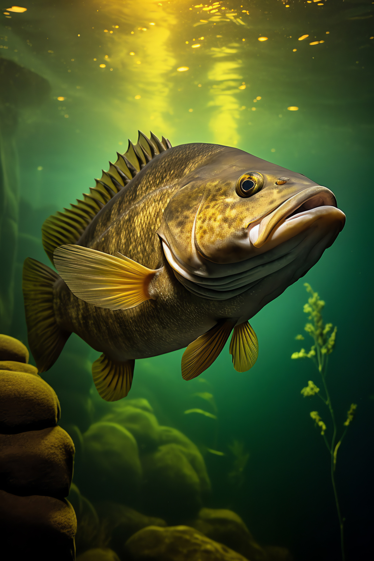 Aquatic Smallmouth Bass, Yellow-eyed lakefish, Freshwater golden sheen, Mountain lake habitat, Bass fishing species, HD Phone Image