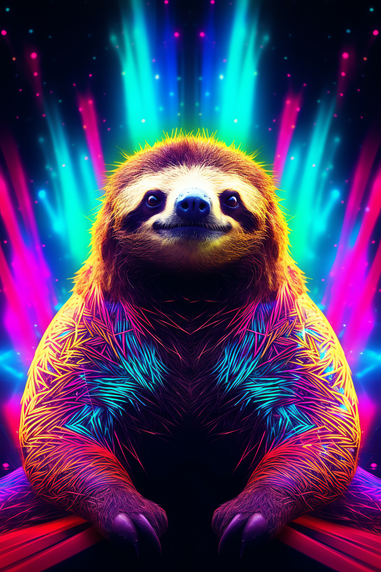 Patterned Space Sloth, Purple and turquoise fur, Bright yellow-eyed, Geometric shapes, Colorful sloth art, HD Phone Image