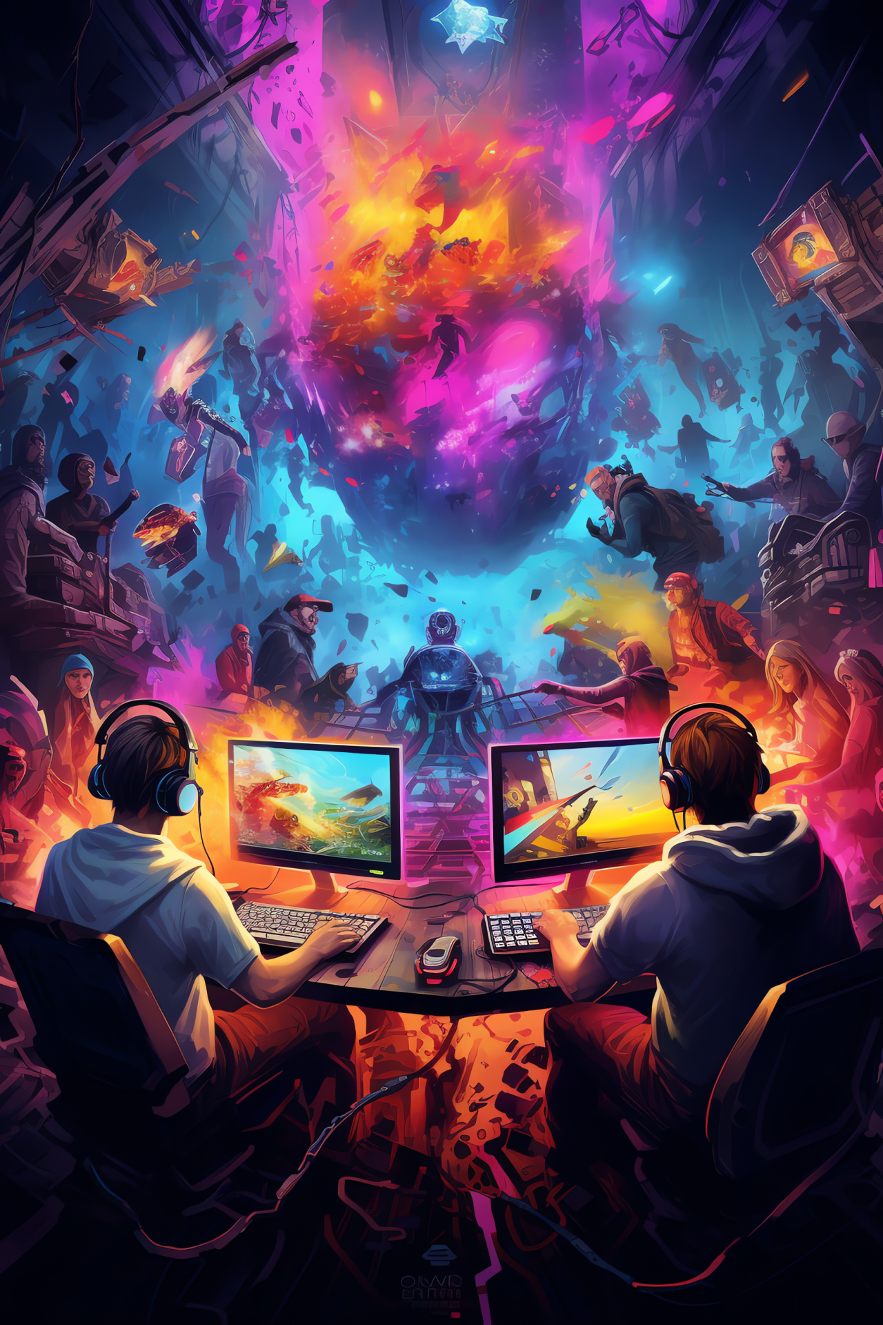 Gaming arena PC players, Interactive gaming center, Collective virtual match, Tactile keyboard design, Precision pointer device, HD Phone Wallpaper