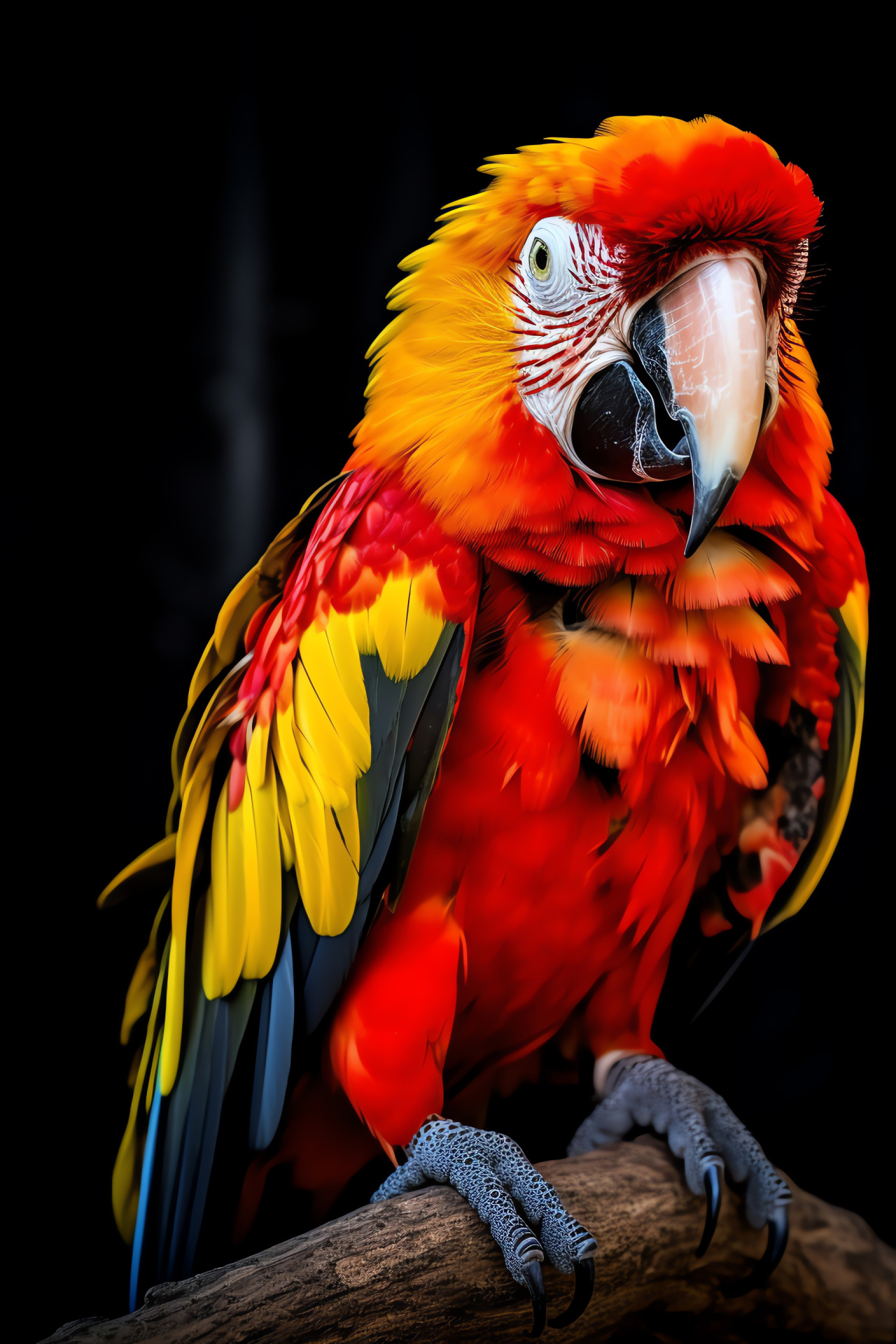 Red and yellow parrot, tropical avian display, exotic bird pose, psittacine species, aviculture contrast, HD Phone Image