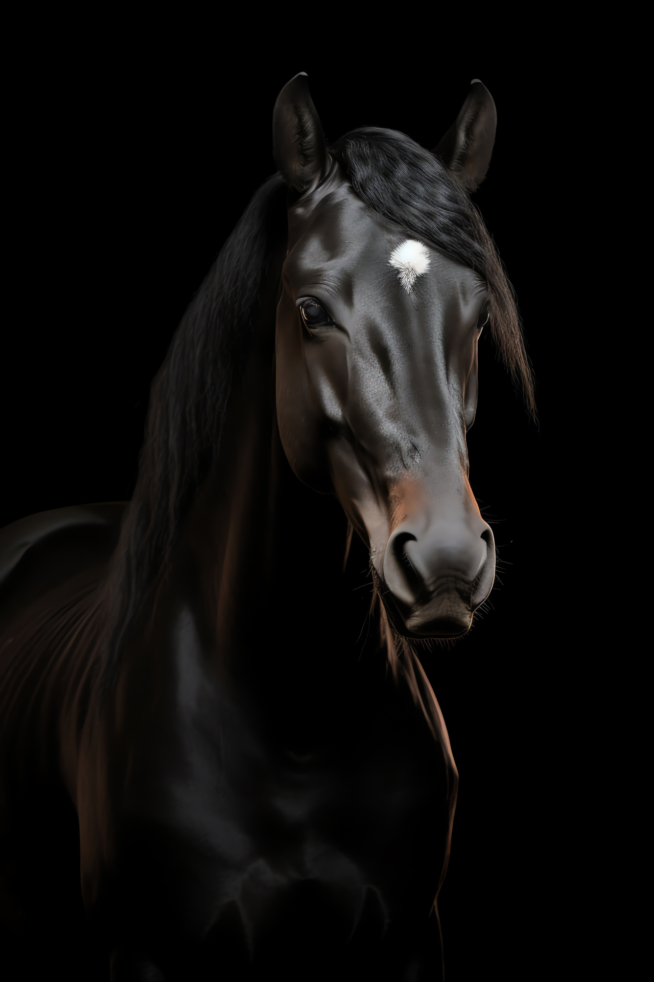 Wild Horse vantage, Black coat sheen, White facial marking, Strong equine form, Shadowed backdrop, HD Phone Wallpaper