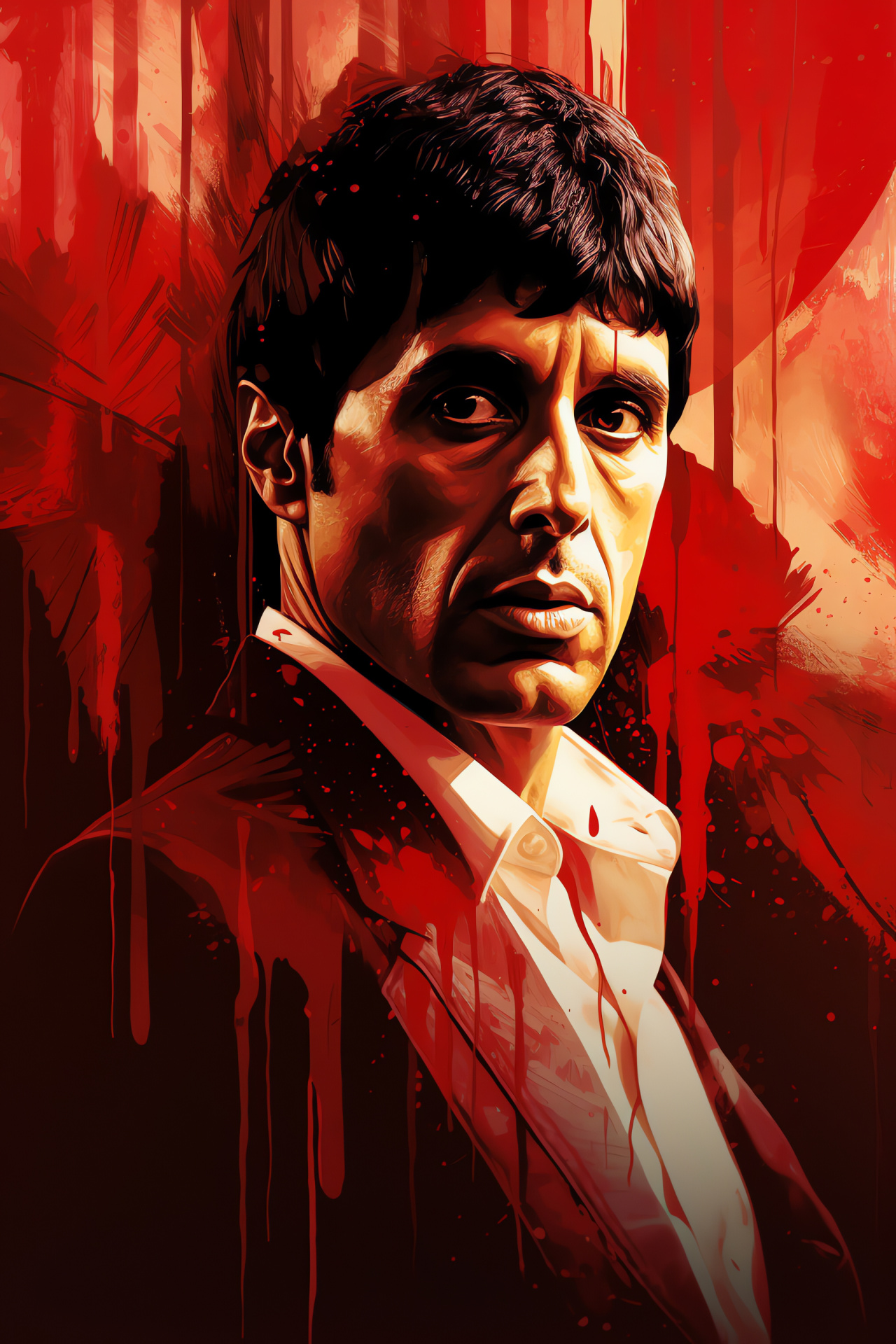 Tony Montana mural portrait, Intense gangster gaze, Triple-color artwork, Movie character mural, Dramatic visual art, HD Phone Image