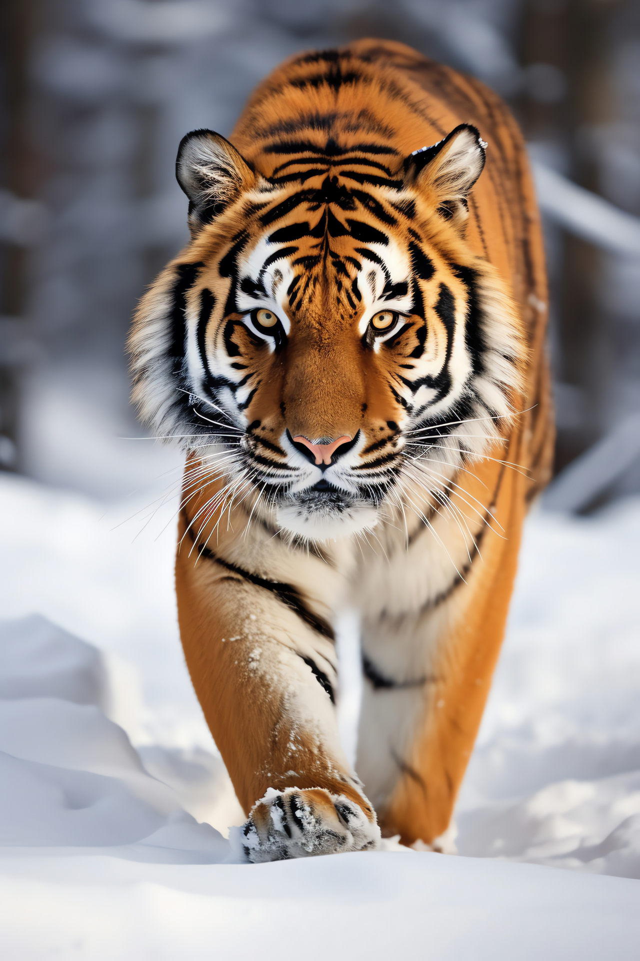 Sumatran tiger, piercing green gaze, striped feline elegance, frigid Siberian territory, HD Phone Image