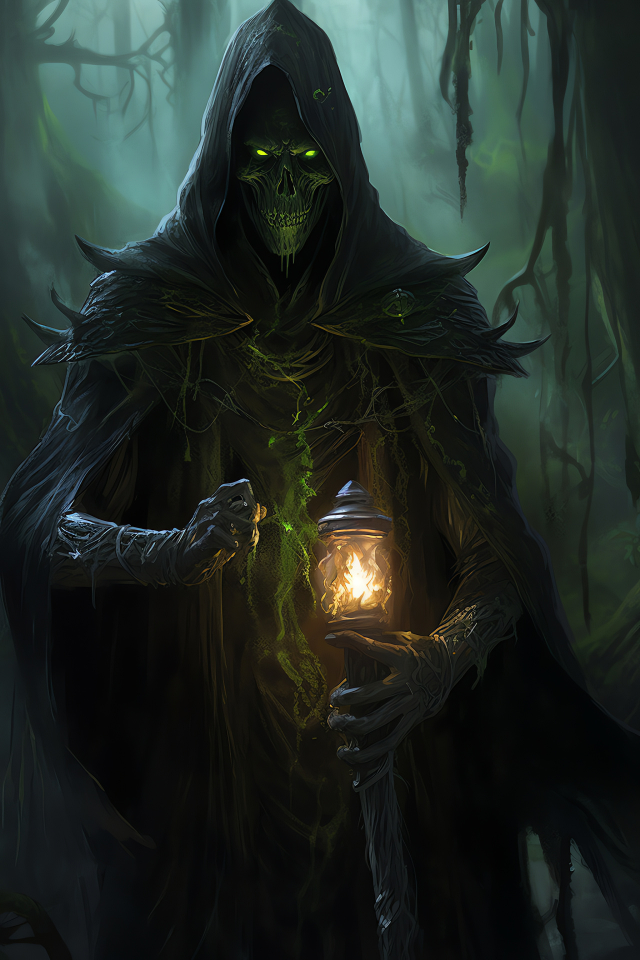 Warlock domain, cursed morass, ritualistic altar, shimmering lights, unholy ritual blaze, HD Phone Wallpaper