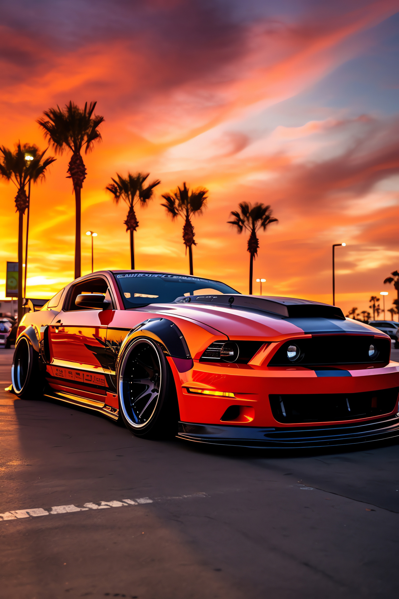 Stance culture, Ford Mustang, Muscle car, Custom auto body, Sunset ambiance, HD Phone Wallpaper