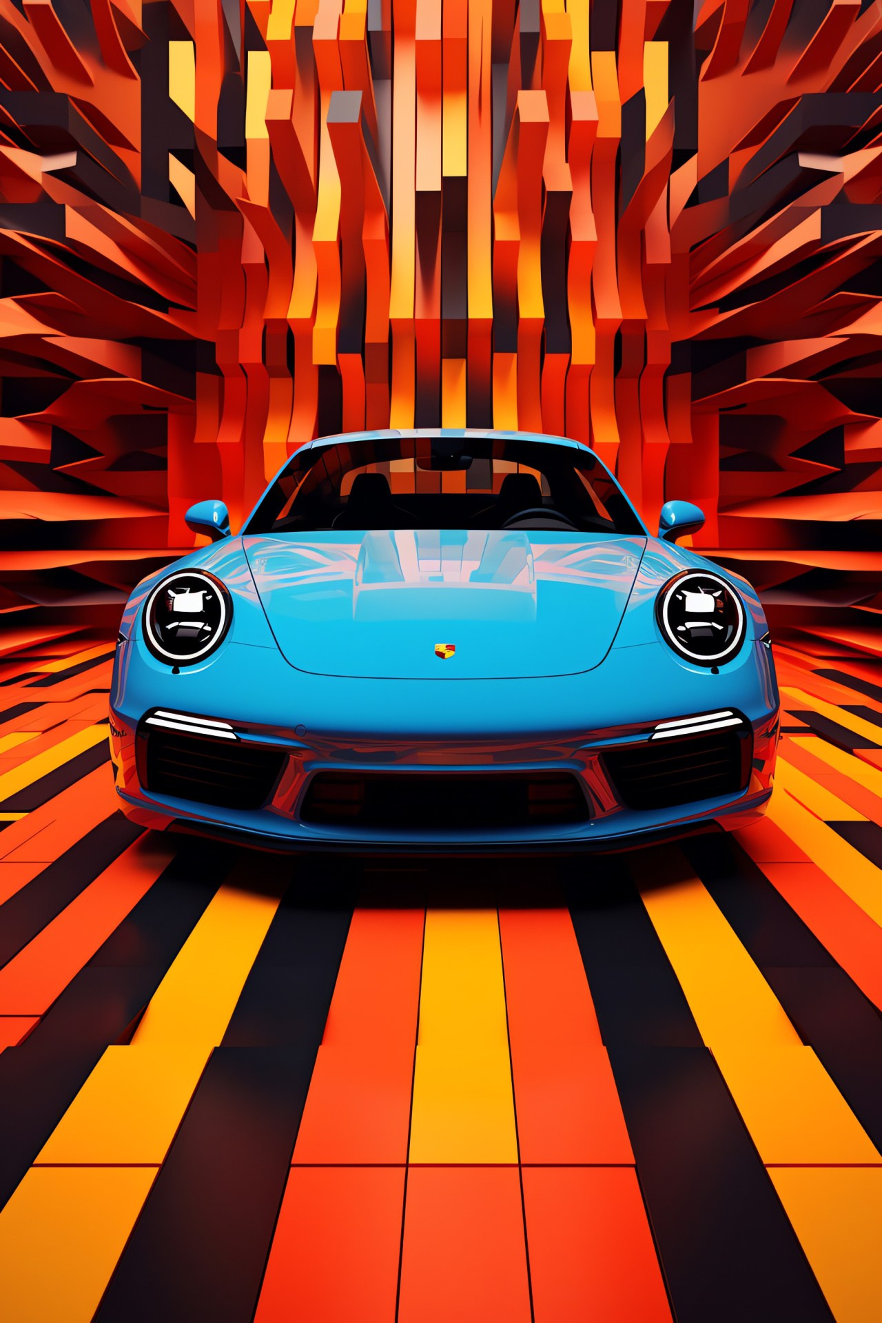 Porsche 911 with patterned art, Overlay of geometric shapes, Aerial sports car view, Design complexity, Multi-color vibrance, HD Phone Image