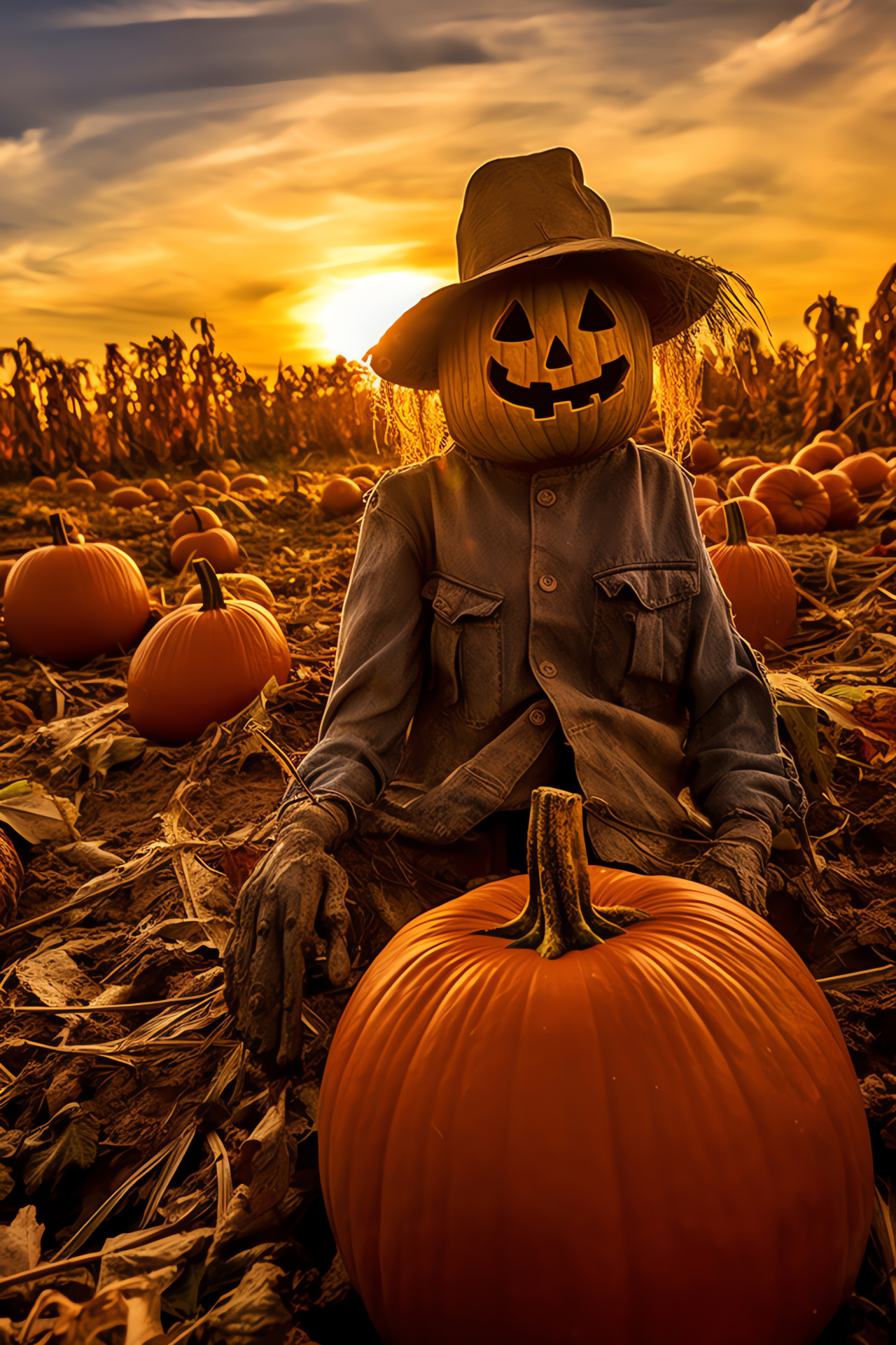 Pumpkin patch guardian, Hay-stuffed scarecrow, Rural harvest scenery, Golden hour warmth, Autumn nostalgia, HD Phone Wallpaper