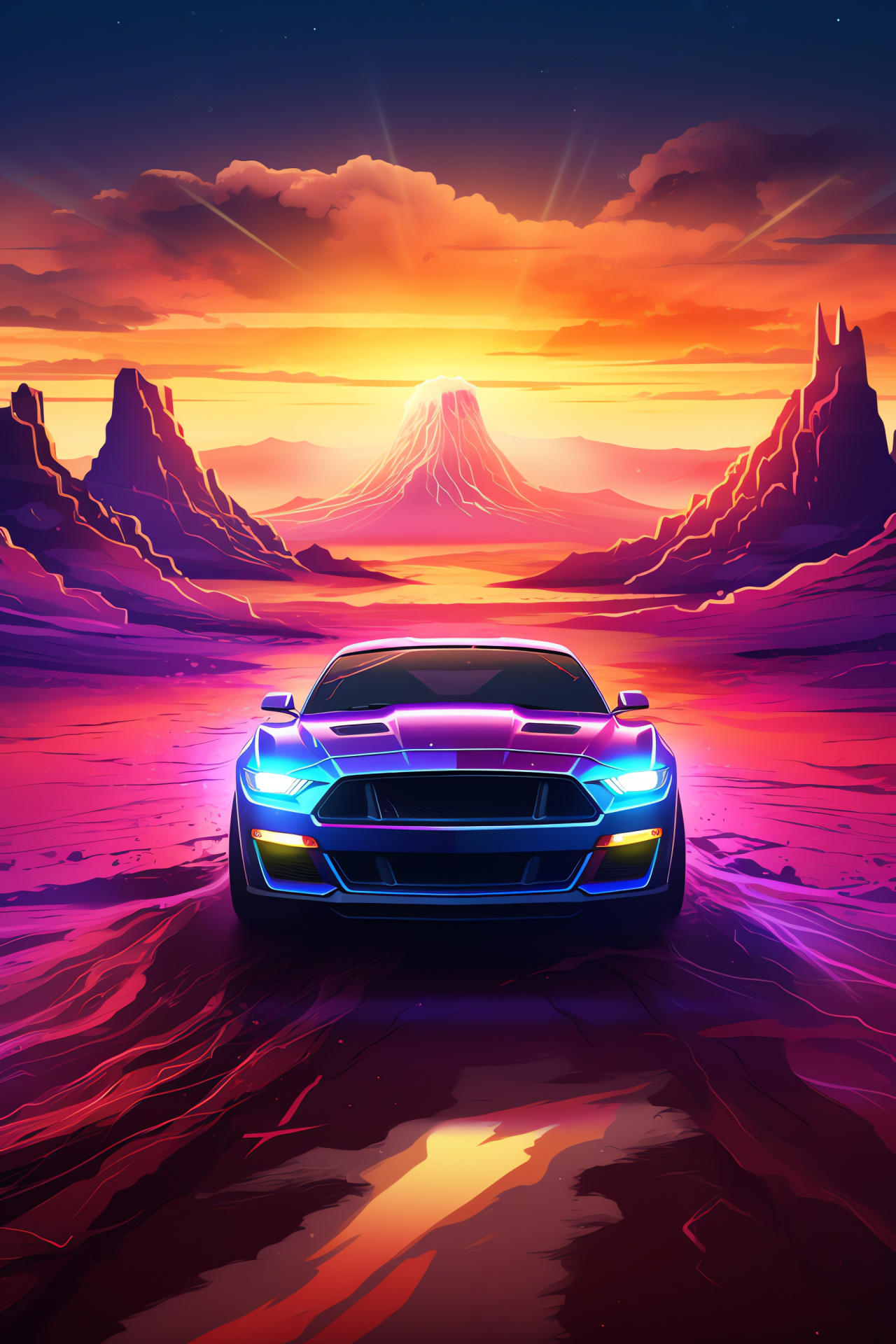 Aerial Mustang panorama, Vast landscape expanse, Panoramic mustang grandeur, Dynamic automotive flight, HD Phone Wallpaper