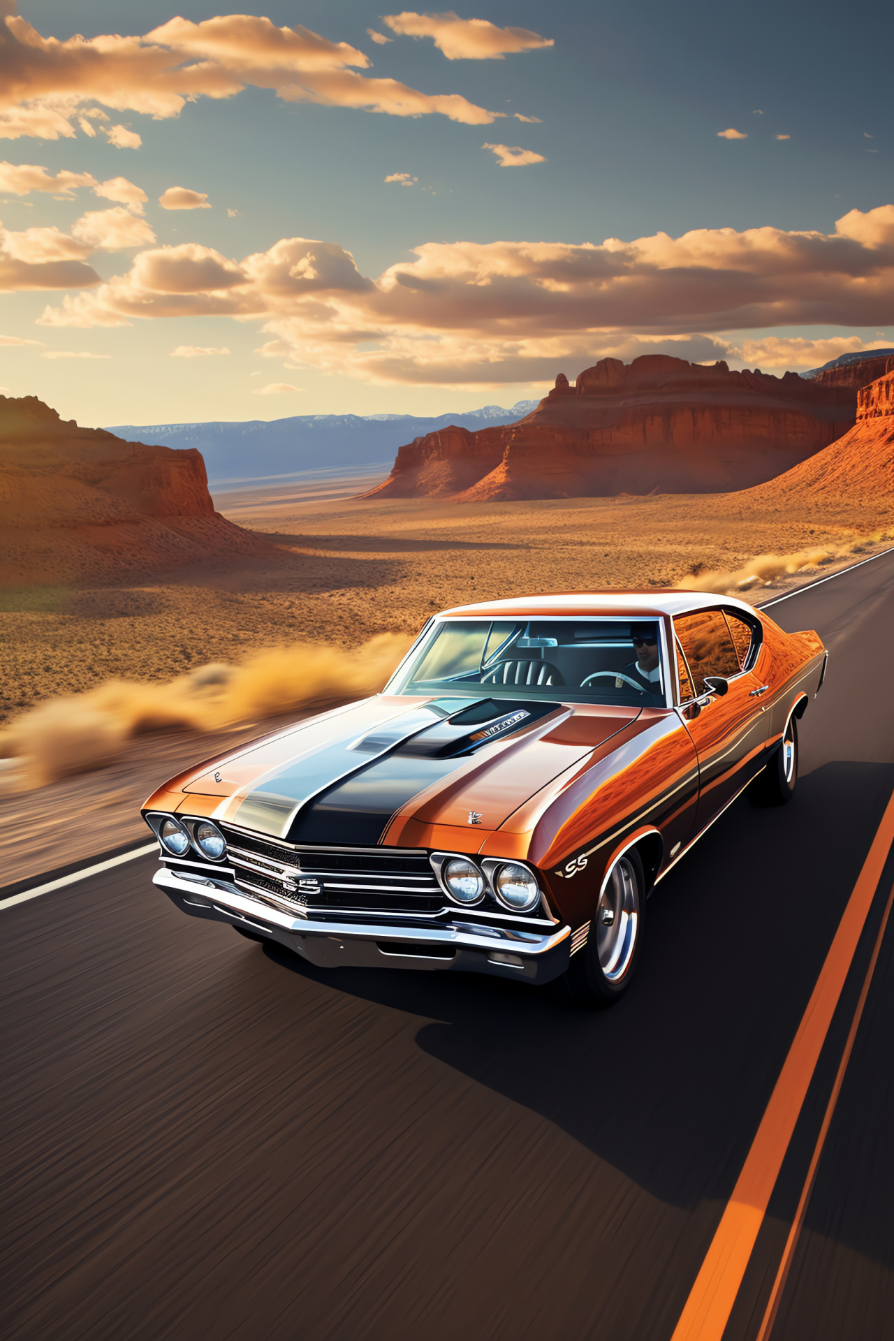 Muscle Car, Chevrolet Chevelle SS, Route 66, American landscape, Scenic highways, HD Phone Wallpaper