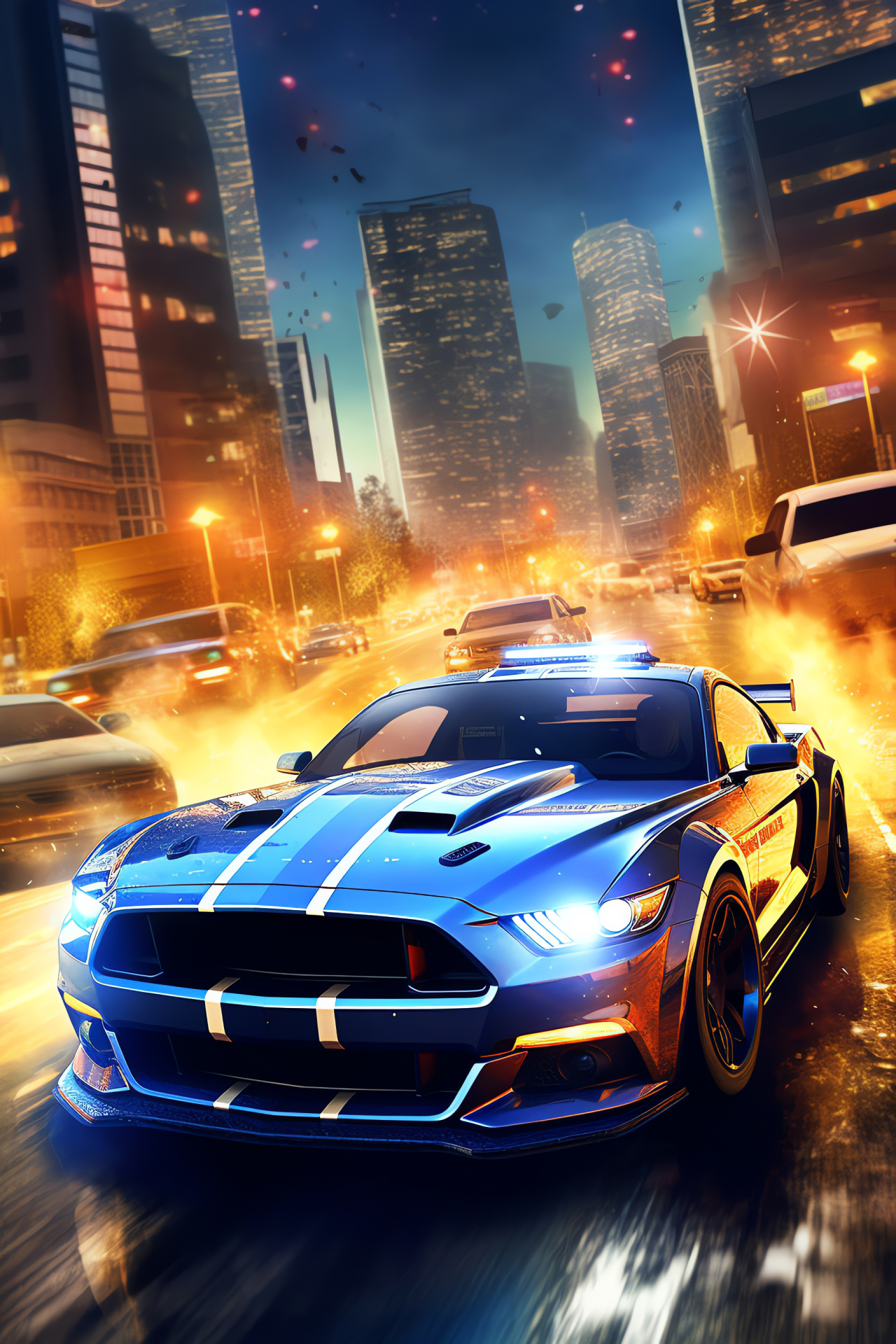 Most Wanted Ford Mustang GT, Police pursuit, Urban thoroughfares, Metropolitan skyline, Racing game, HD Phone Image