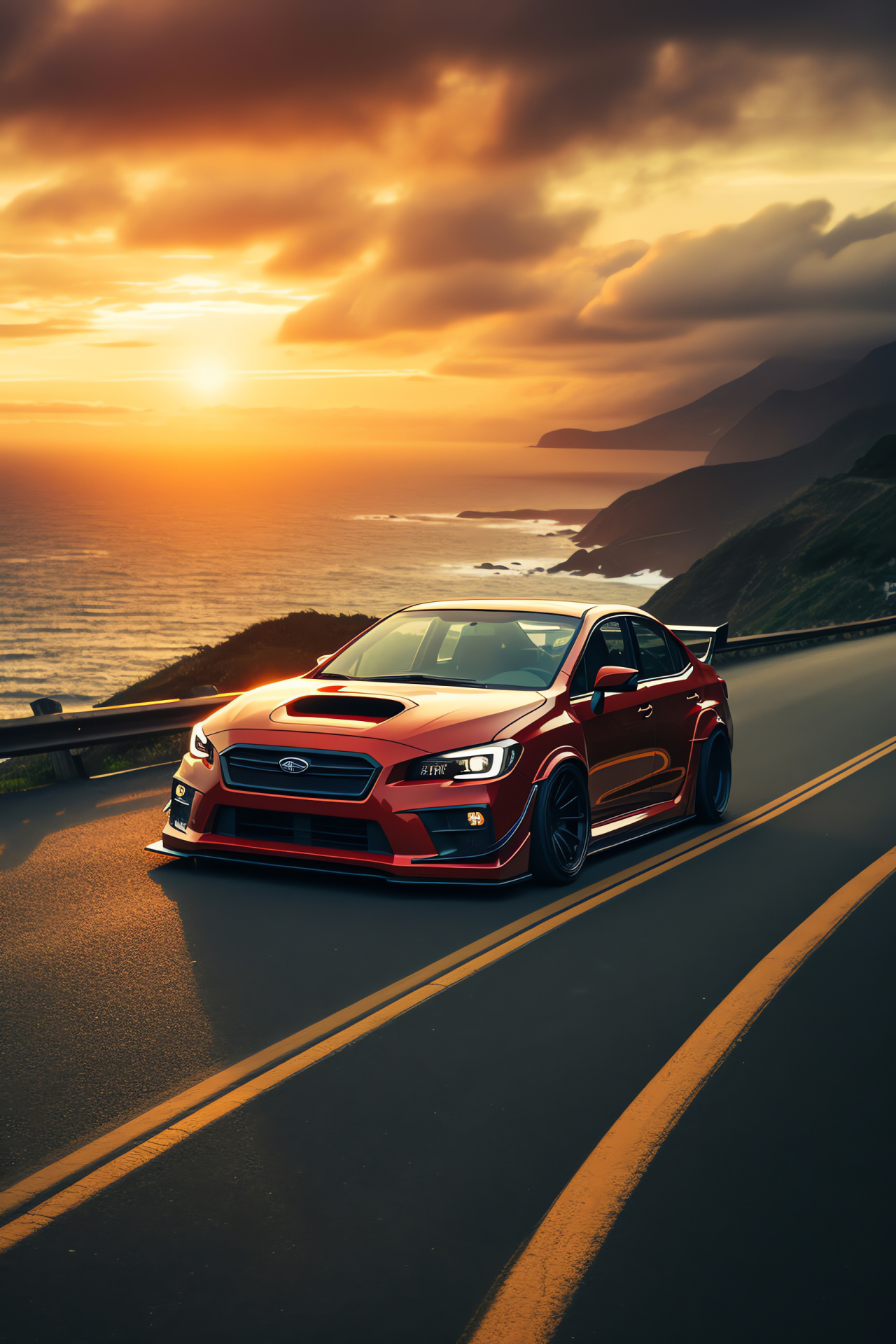 Rocket Bunny equipped, Subaru WRX STI racer, Seaside asphalt, Evening horizon, Speed demonstration, HD Phone Wallpaper