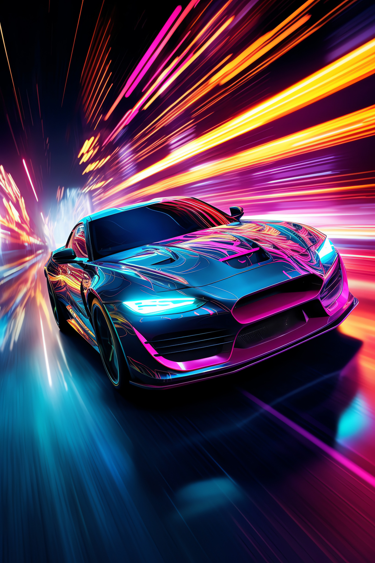 Illuminated neon car, swirling light patterns, overhead perspective, vivid luminance, artful auto exposure, HD Phone Wallpaper