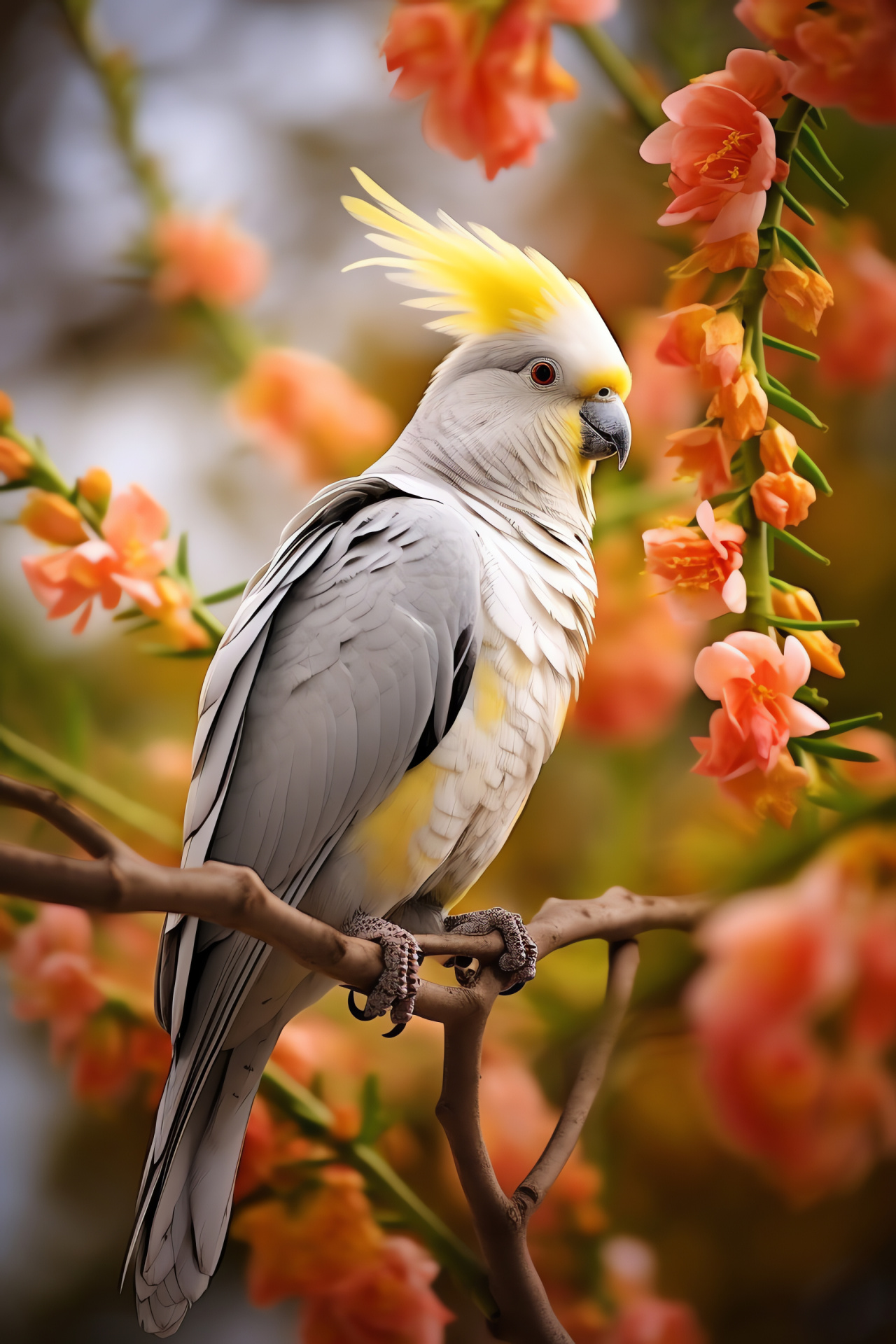 Crested Cockatiel, tranquil garden, charcoal wing, floral perch, vintage ambiance, HD Phone Image