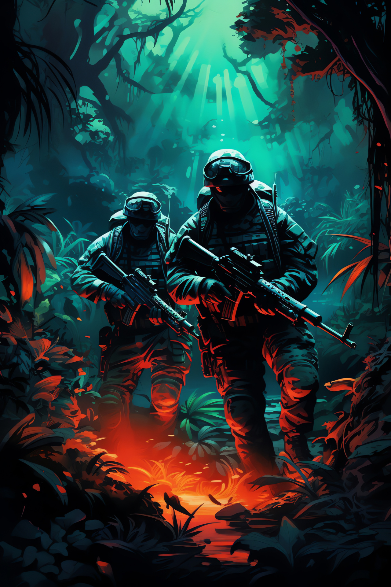 Jungle warfare squad, tropical combat environment, guerrilla fighting techniques, vegetation stealth, military operation, HD Phone Wallpaper