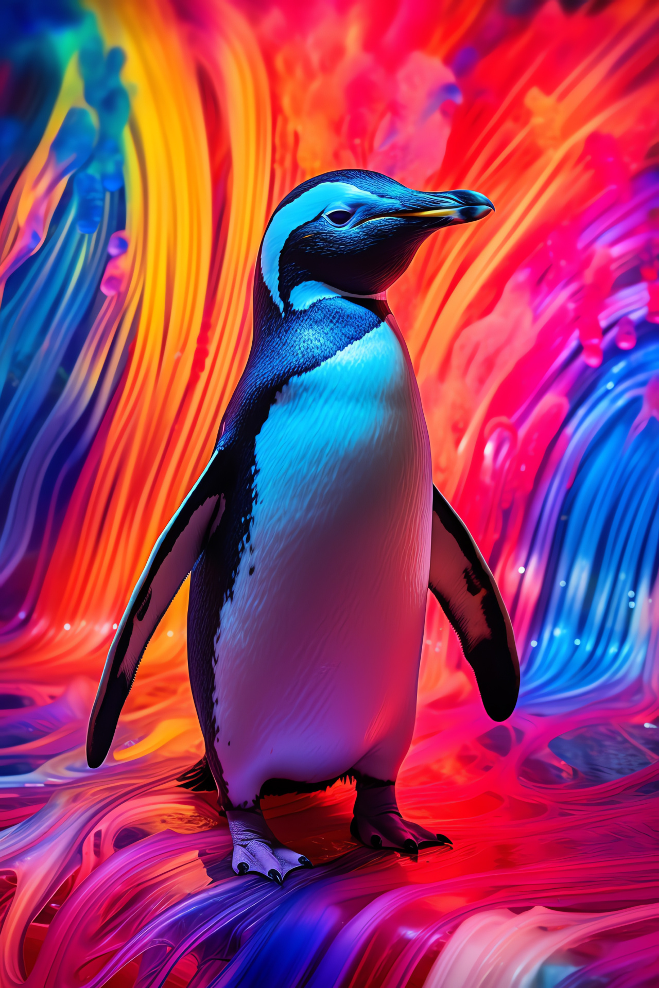 Emperor penguin, Antarctic bird, Neon light dance, Vibrant full-length portrait, Glowing habitat art, HD Phone Image