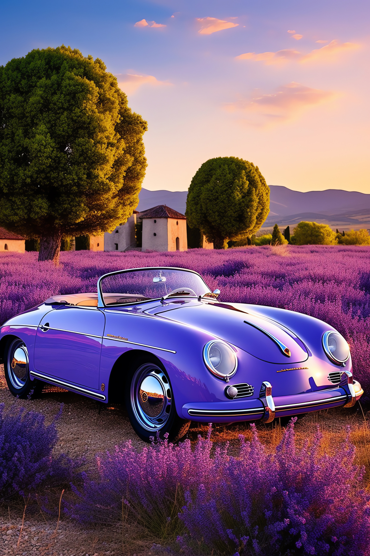 Porsche 356 in Provence, Lavender field setting, Classic Speedster travel, French countryside backdrop, Rolling hill drive, HD Phone Wallpaper