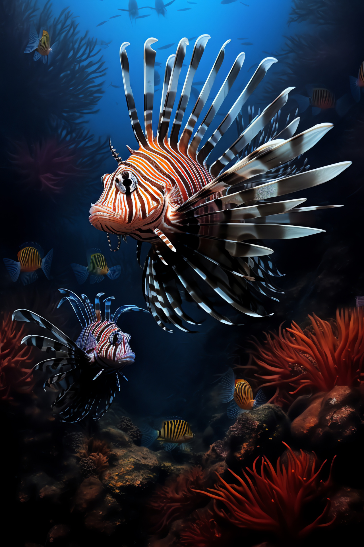 Lionfish, venomous species, Pacific reef inhabitant, striking appearance, marine biodiversity, HD Phone Wallpaper