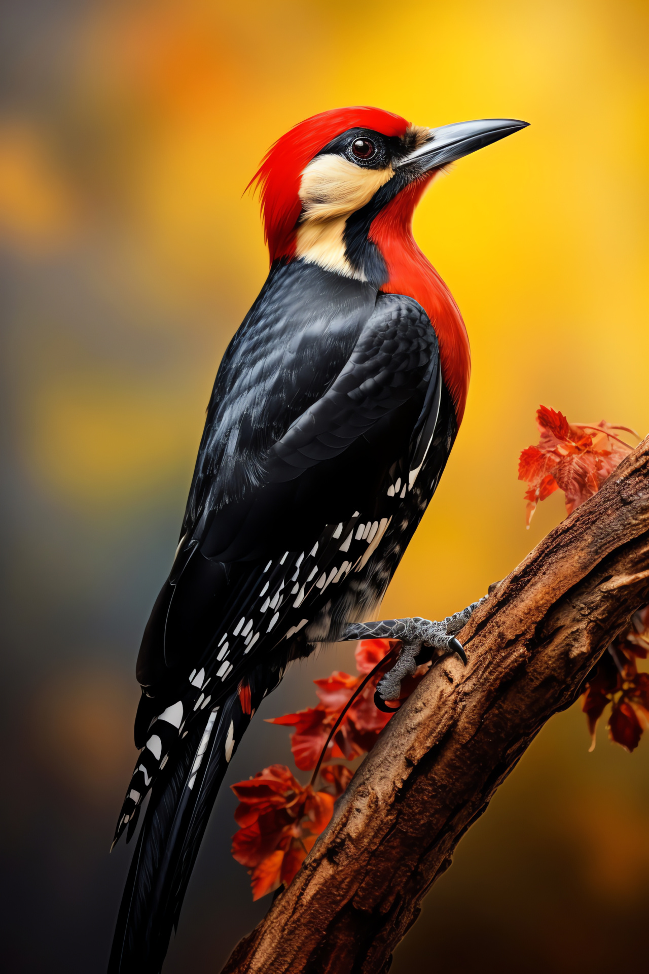 Woodpecker, chromatic feathers, bold backdrop, natural allure, avian characteristics, HD Phone Image