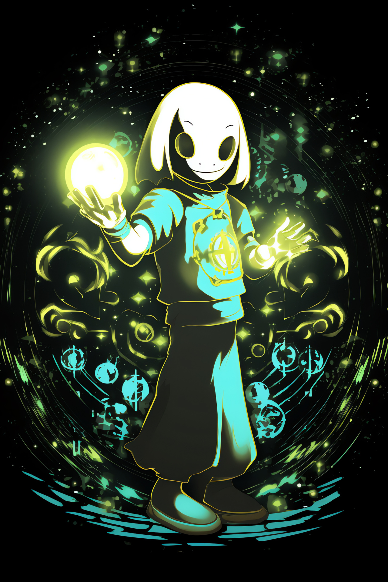 Game character Asriel, Undertale universe, Cyan irises, Cheeky grin, Solid onyx backdrop, HD Phone Image
