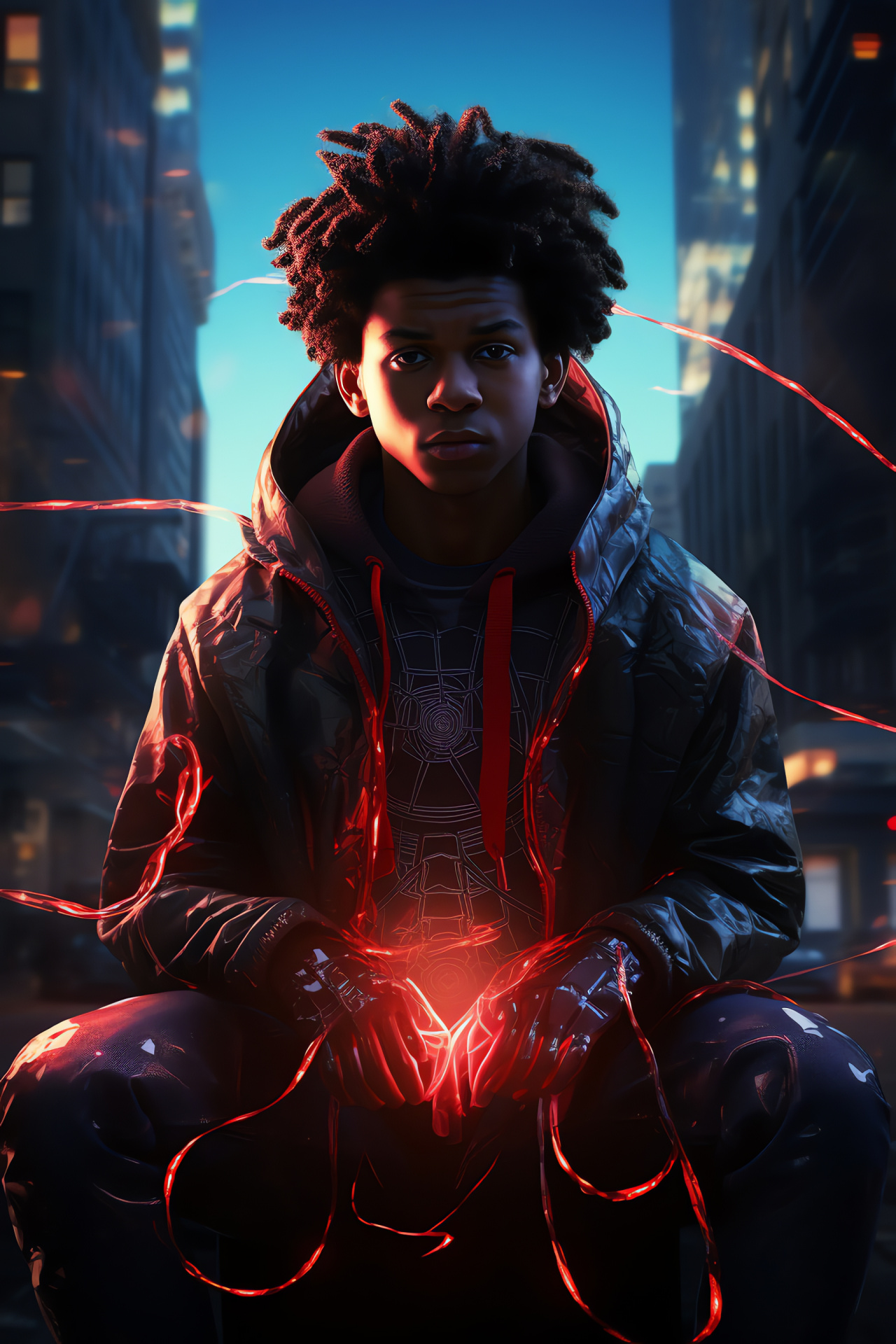 Miles Morales Spiderman, Contrast suit, Eyewear lenses, Spider gadget, Art design accents, HD Phone Wallpaper