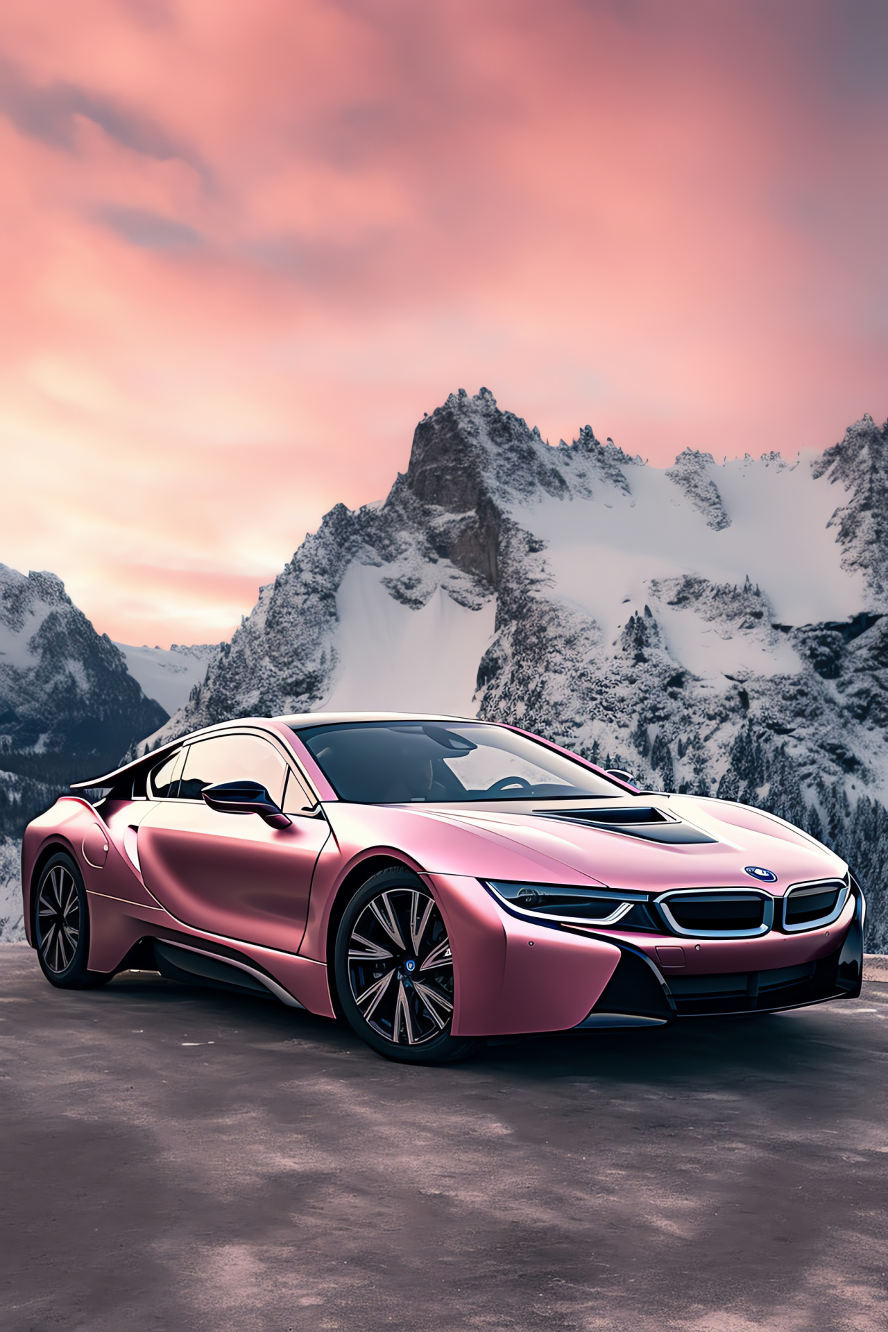 BMW i8 in pink shade, Swiss mountainous terrain, High-performance hybrid, Pinnacle summits, Engineering marvel, HD Phone Wallpaper