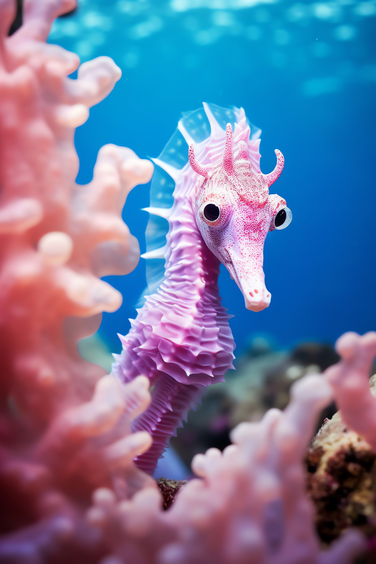 Seahorse creature, Pink aquatic form, Maldivian waters, Coral structures, Marine ornamental species, HD Phone Image