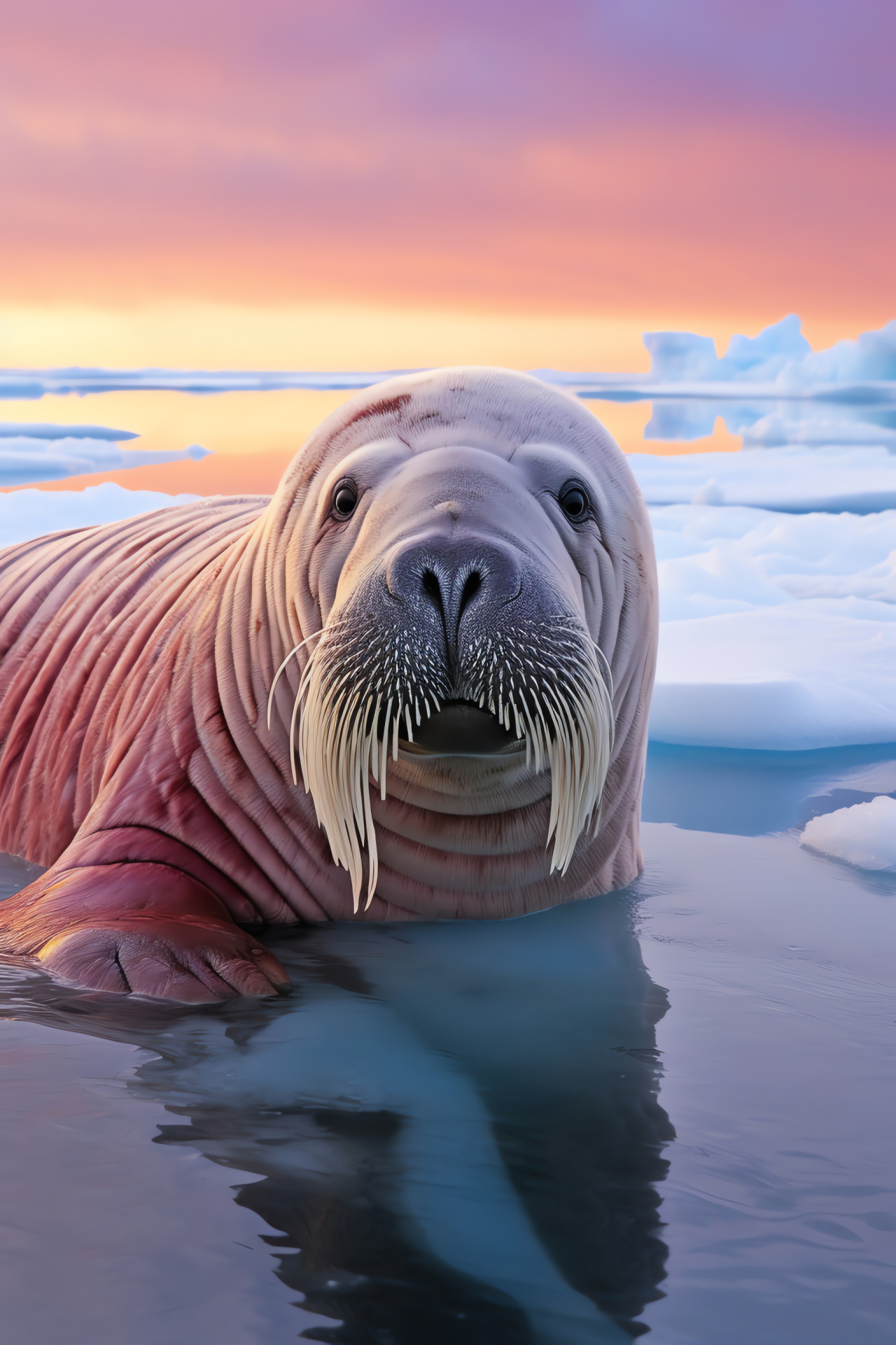 Solitary Walrus, Mystical arctic creature, Iceberg setting, Marine mammal portrait, Pinniped wisdom, HD Phone Image