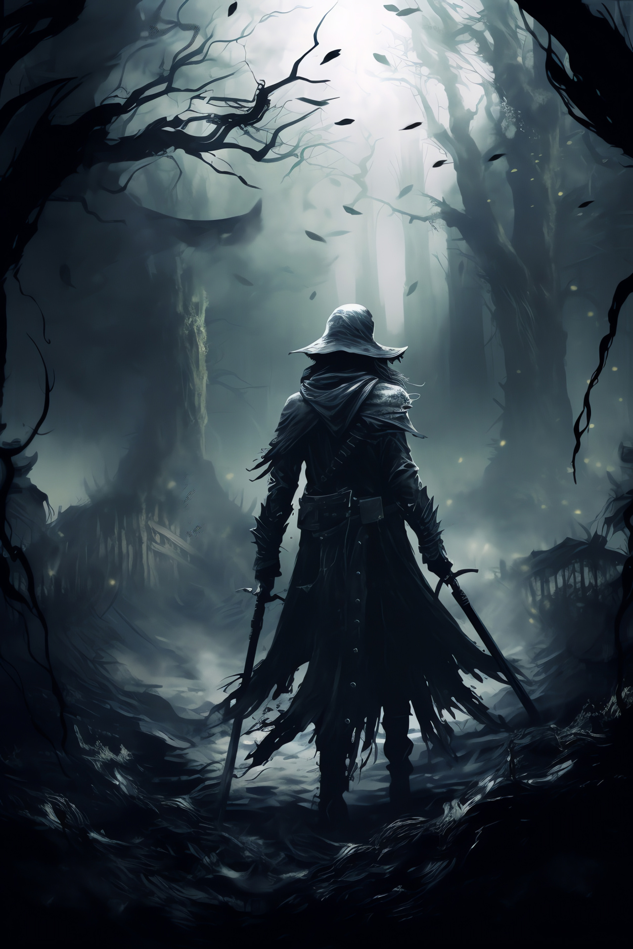 Bloodborne game, gothic atmosphere, formidable weapon, sinister forest, haunting moon, HD Phone Wallpaper