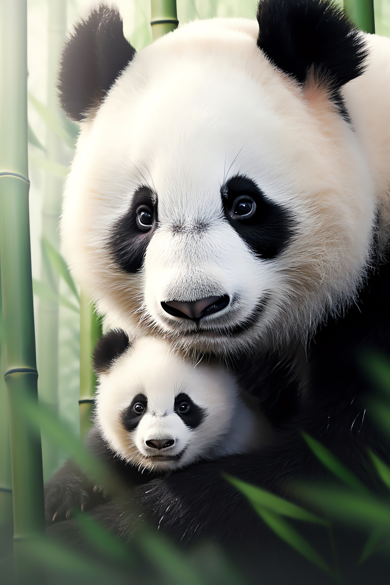 Panda troop, maternal affection, cuddly pair, verdant grove, familial connection, HD Phone Wallpaper