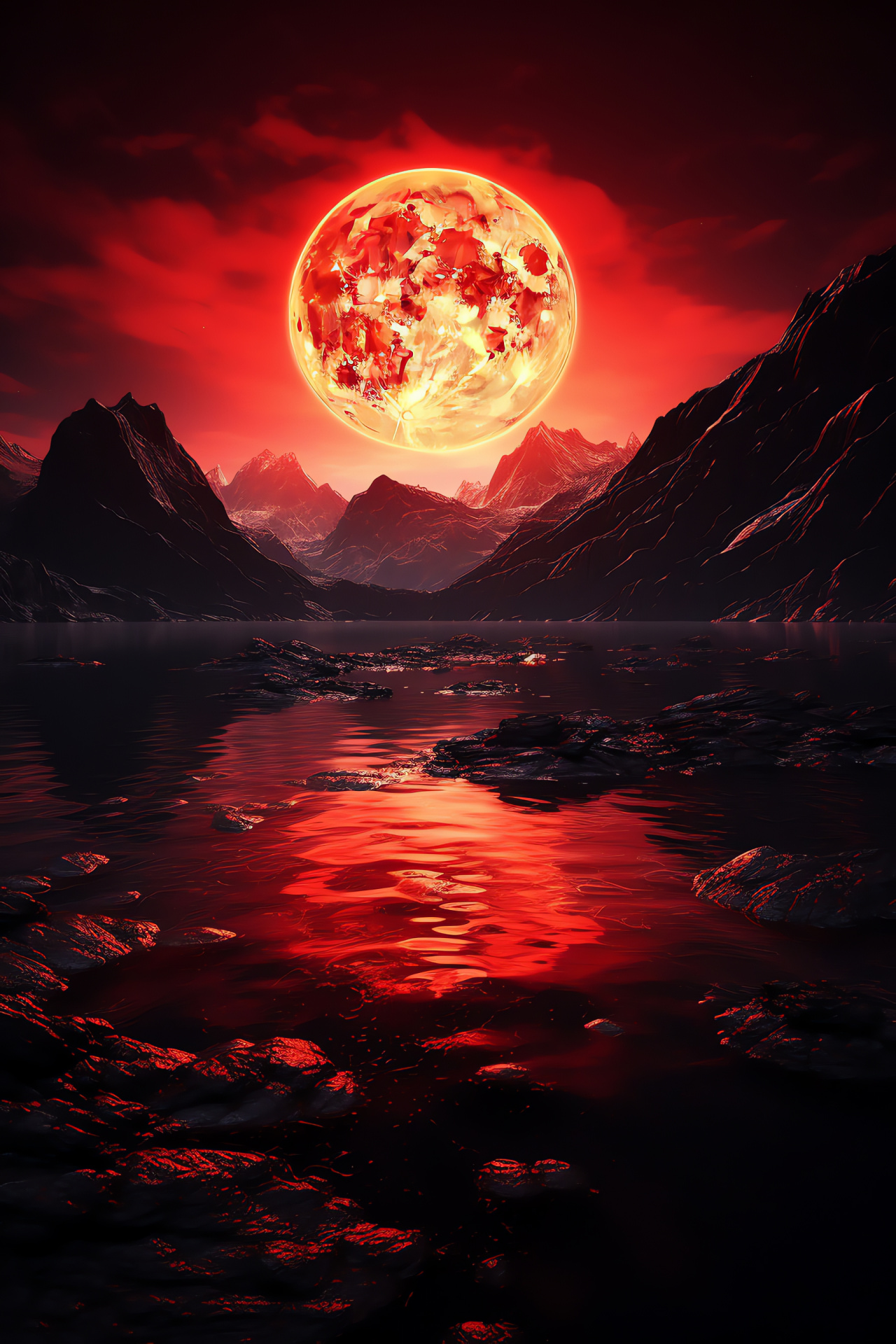 Crimson lunar event, Rugged lunar landscape, Astronomical body, Geologic formations, Nighttime spectacle, HD Phone Wallpaper