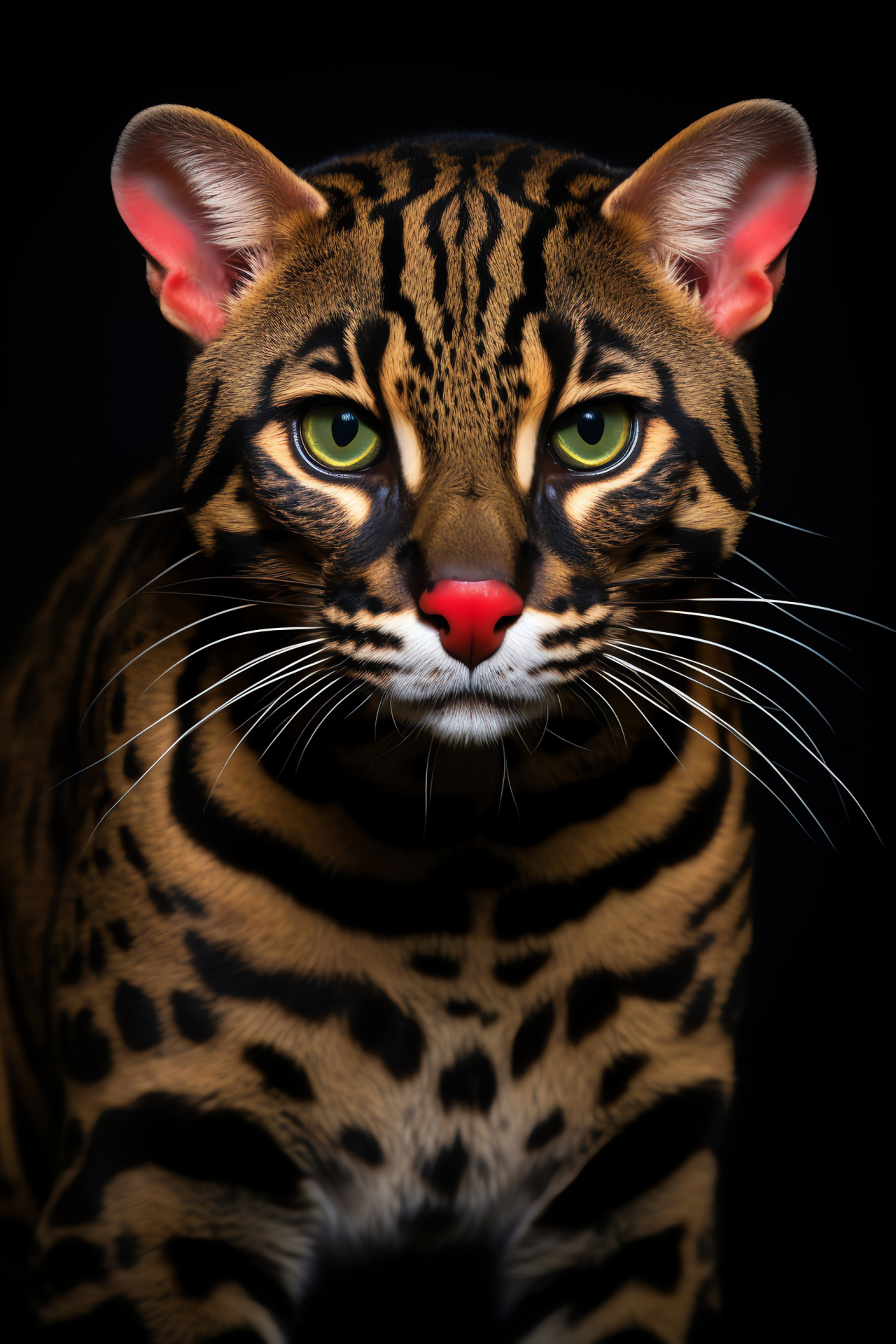 Ocelot pride, intense gaze, dark coat contrast, powerful stance, monochromatic backdrop, HD Phone Image