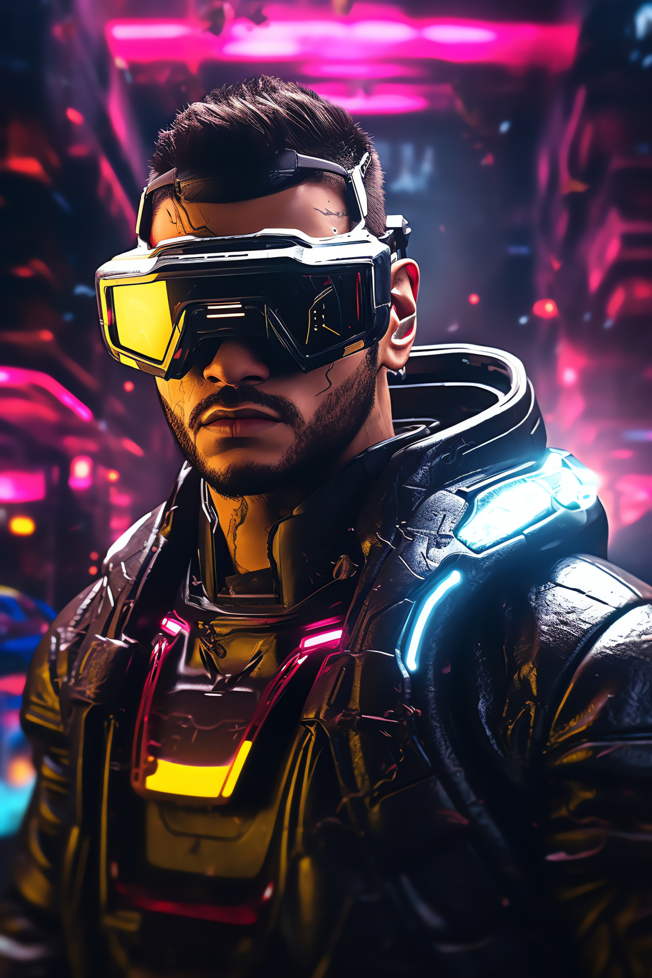 Cyberpunk 2077, Game avatar, VR gaming, Aerial motorcycle, Fluorescent urban glow, HD Phone Wallpaper