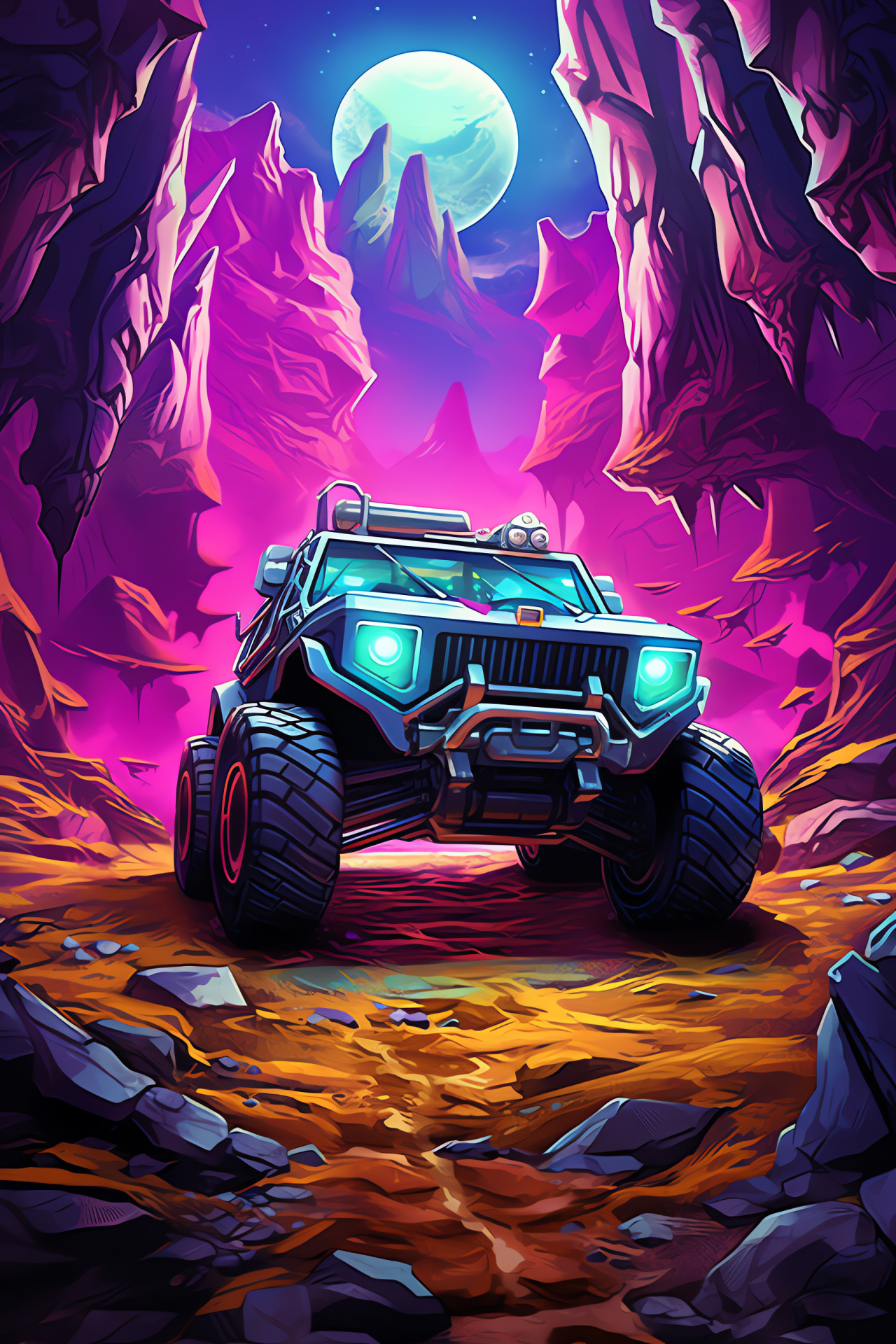 Off-road capable nice car, Extra-terrestrial landscape, Unconventional four-wheeler, Adventure-driven design, Martian-esque terrain, HD Phone Image