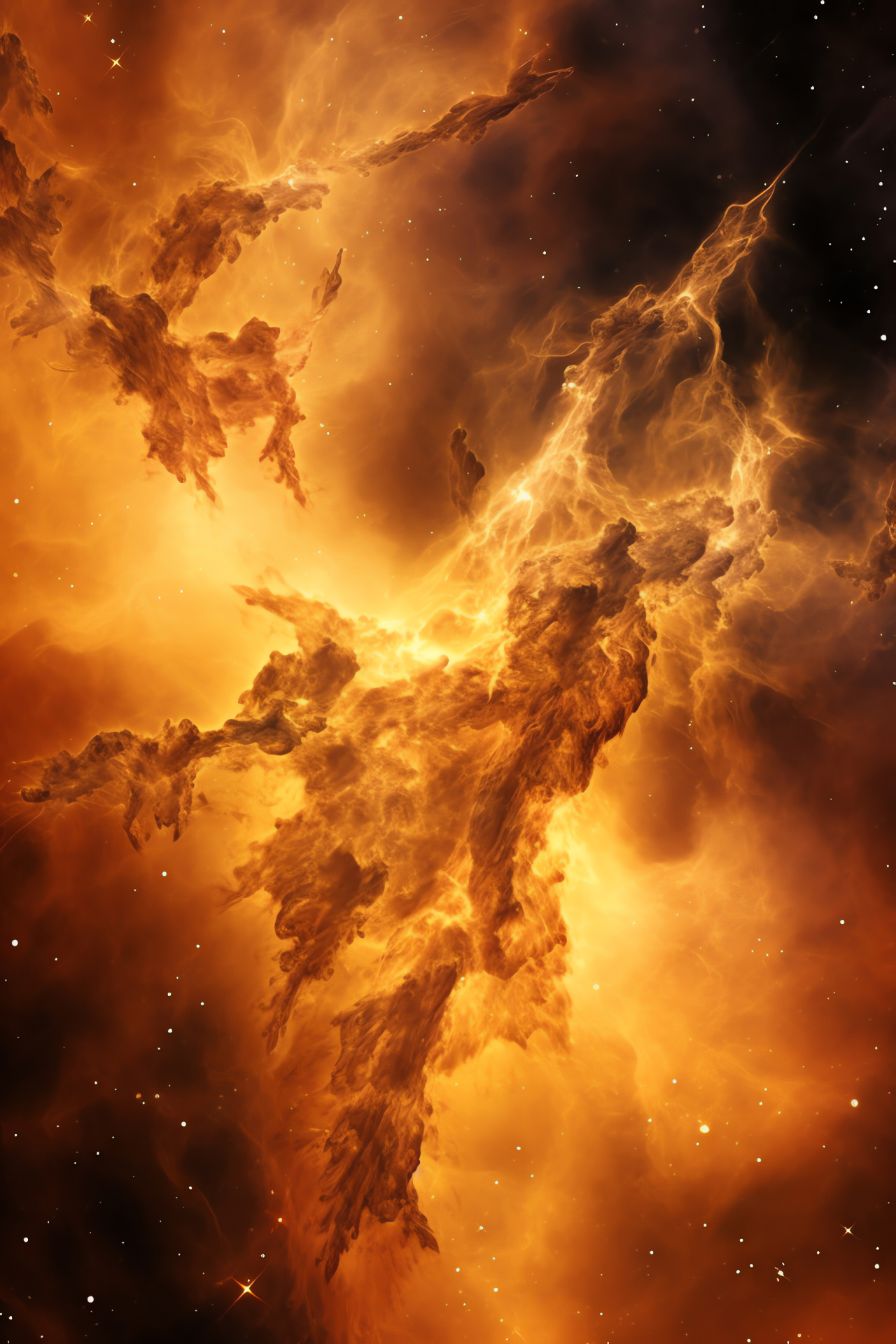 Eagle Nebula perspective, Golden nebular hues, Dense pillars of creation, Interstellar gas accumulation, Starry background enhancement, HD Phone Image