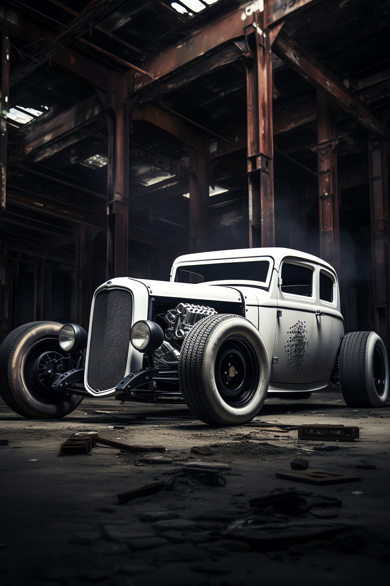 Rat Rod custom project, German capital context, white matte exterior, welding highlights, industrial environment, HD Phone Image