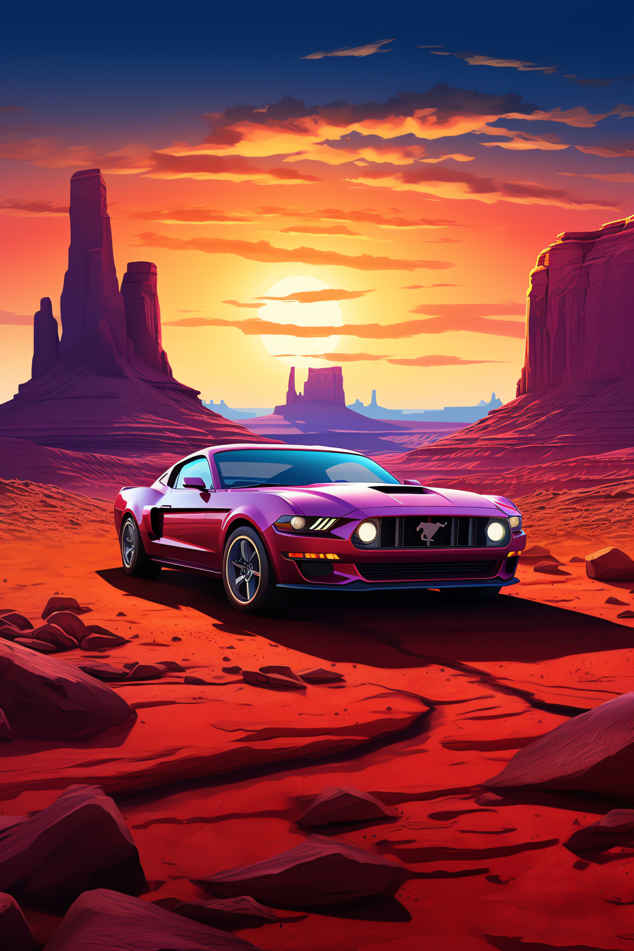 Ford Mustang, Surreal natural setting, Automotive beauty, Scenic horizon, Distinctive style, HD Phone Wallpaper