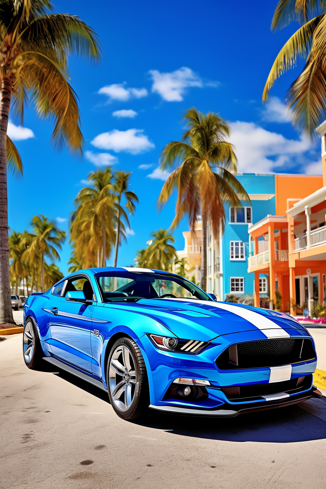 Blue Mustang GT350, Miami modernism, Seaside automotive luxury, Architectural backdrop, Sunlight city drives, HD Phone Wallpaper