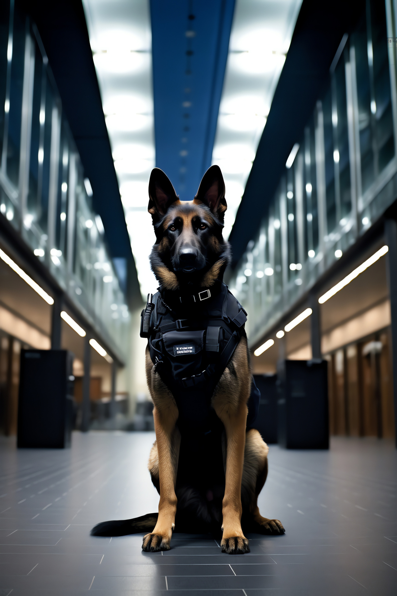 German Shepherd on duty, Sapphire gaze, Law enforcement canine, Vast security complex, K9 unit, HD Phone Image