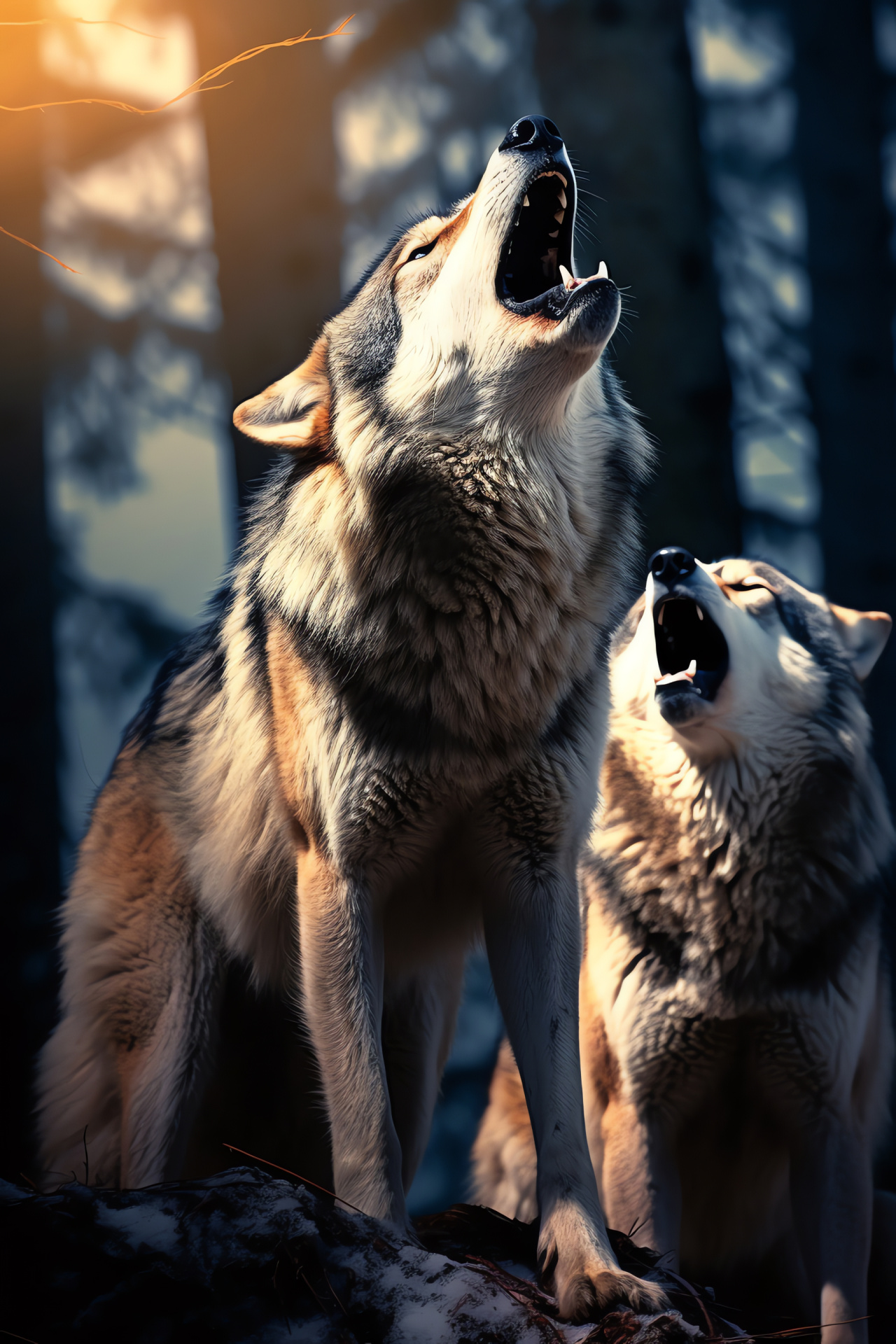 Elder Canis lupus, dominant pack howler, topaz predator eyes, lengthy silver pelt, timberwolf mythology, HD Phone Image