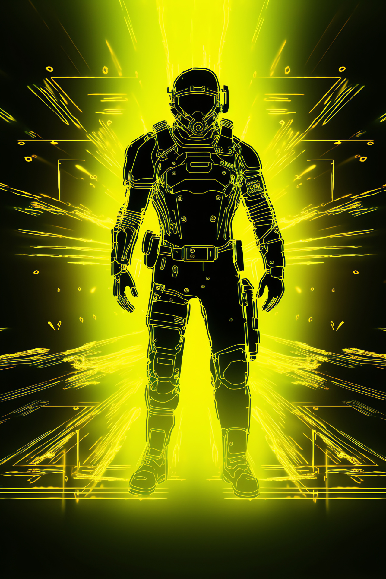 Animated series gadget, Pip Boy bright visage, Casual pose illustration, Mechanical device portrayal, Vibrant pattern backdrop, HD Phone Wallpaper