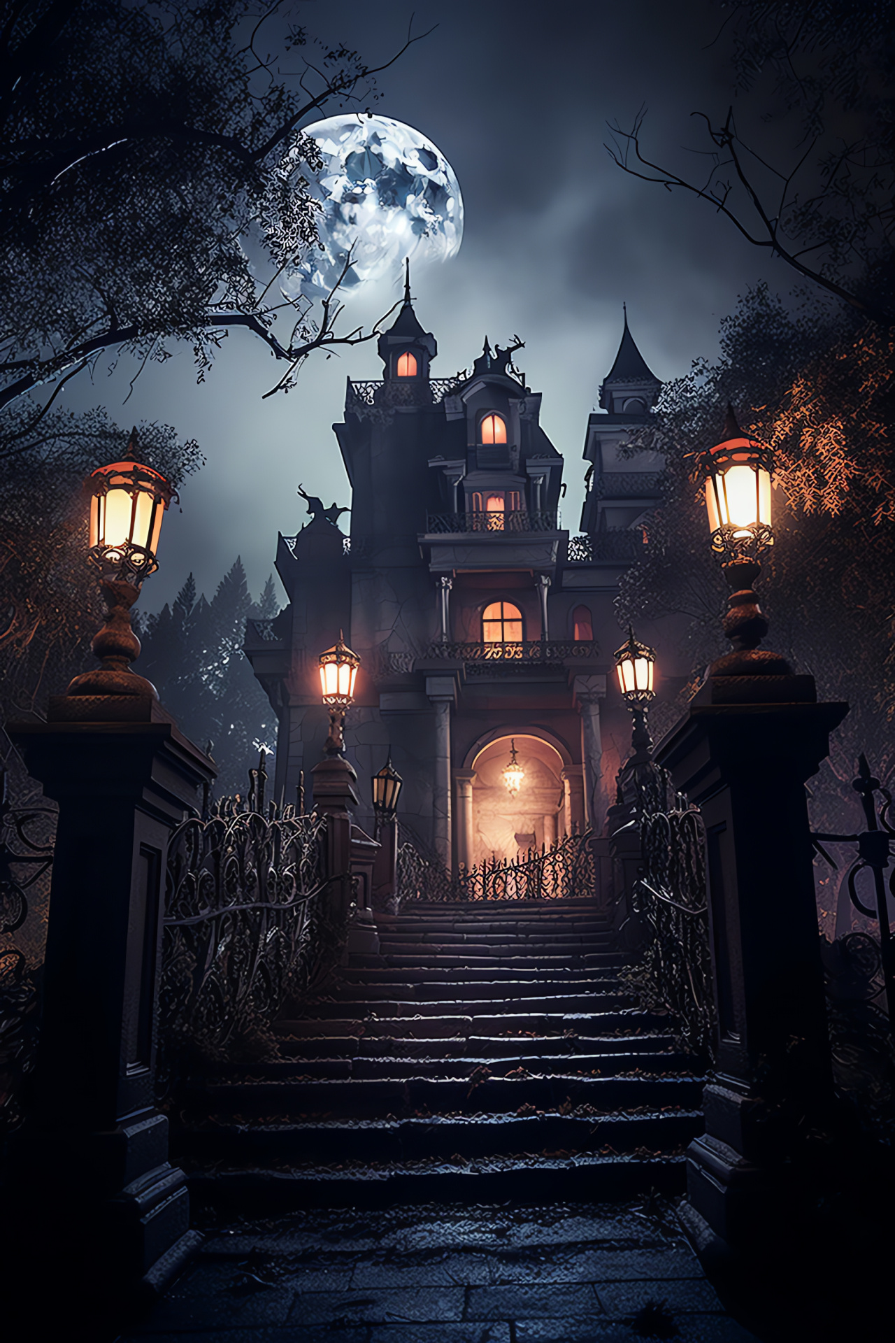 Gothic Halloween setting, Withered arboreal silhouette, Fog-shrouded haunted estate, Gargoyle-guarded mansion, Crows perching eerily, HD Phone Image