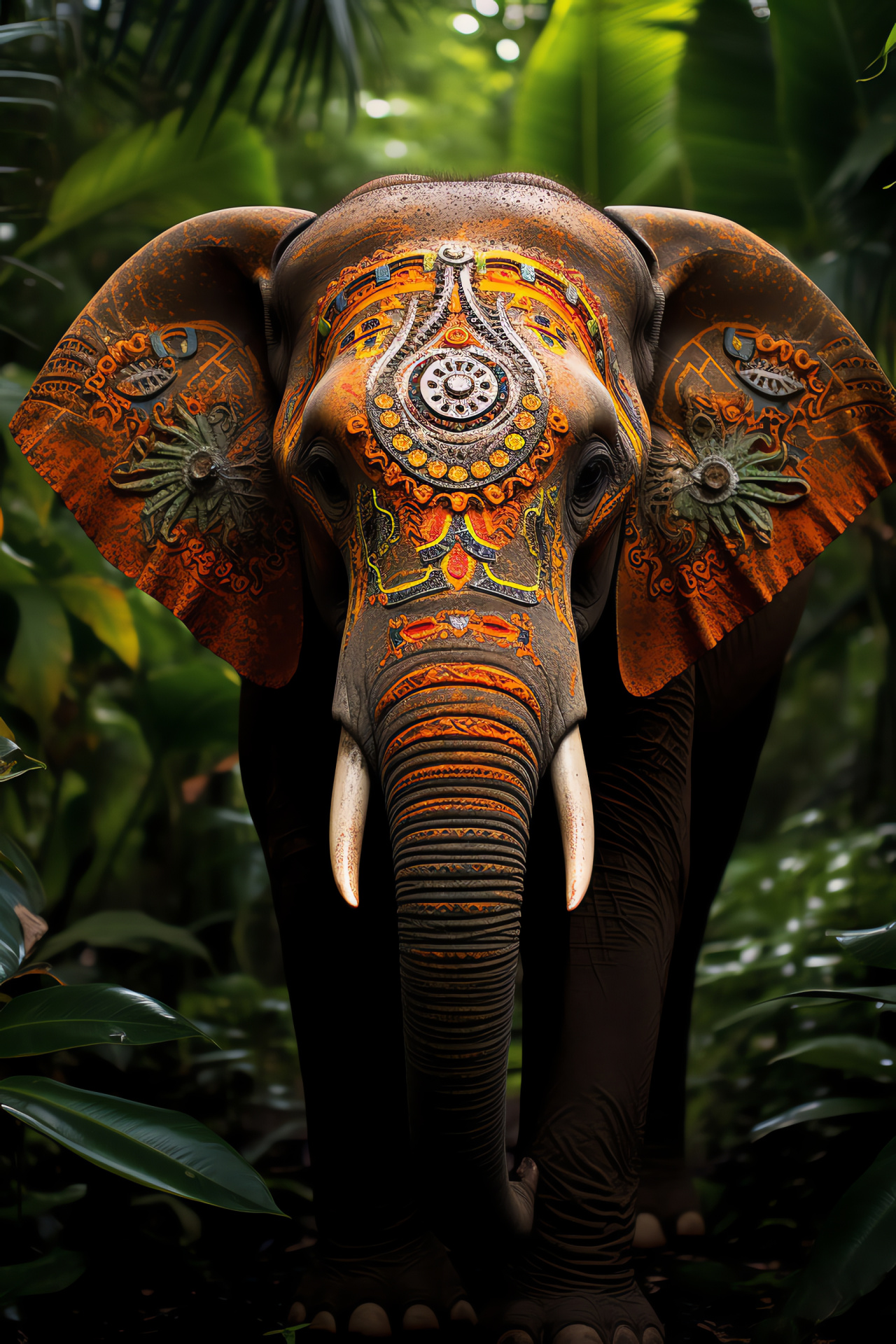 Elephant figure, Green eyes, Vibrant coat, Oranges and yellows, Tribal decor, HD Phone Image