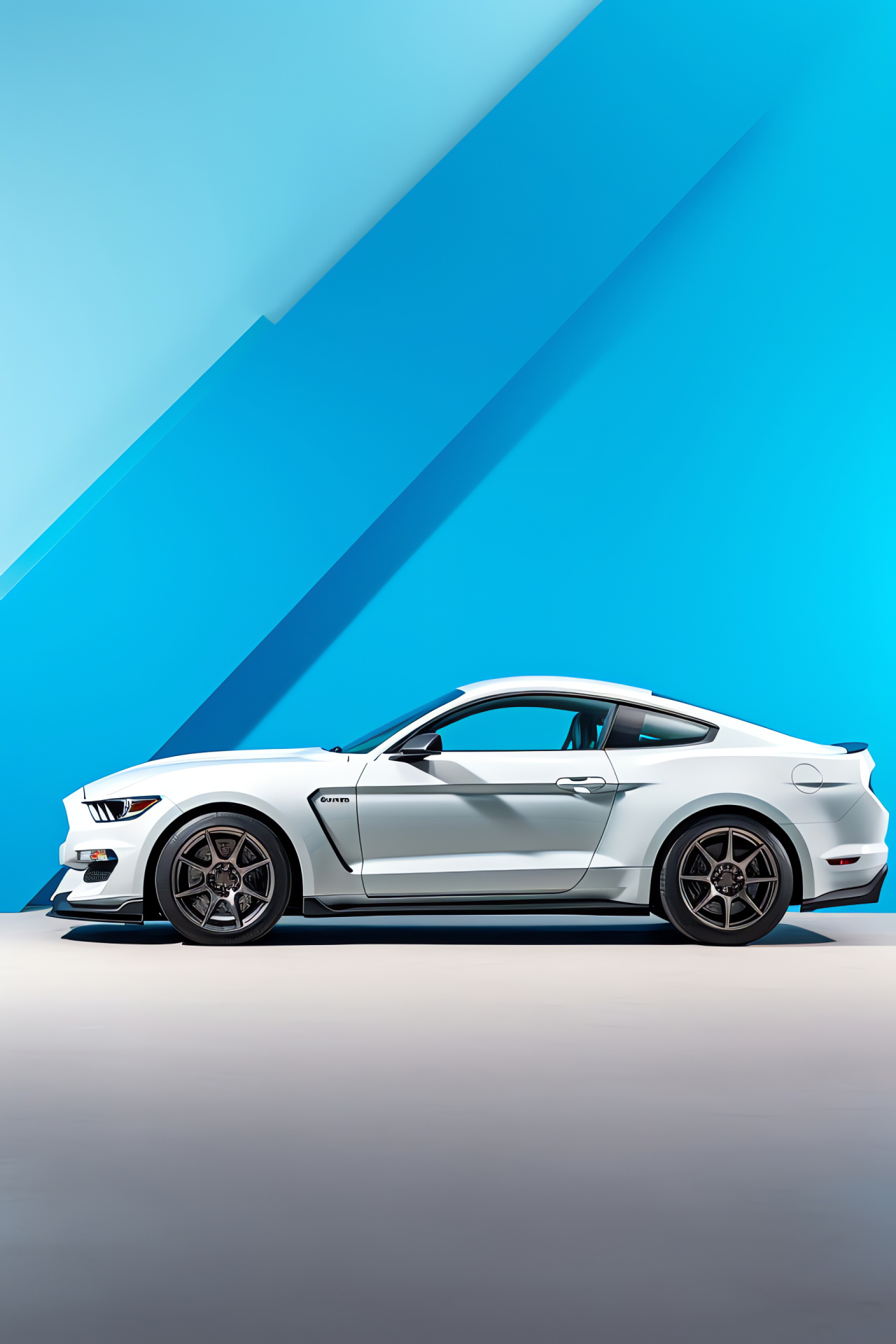 Mustang GT350, Two-tone backdrop styling, Automotive side profile, Creative visual approach, Design-focused surroundings, HD Phone Image