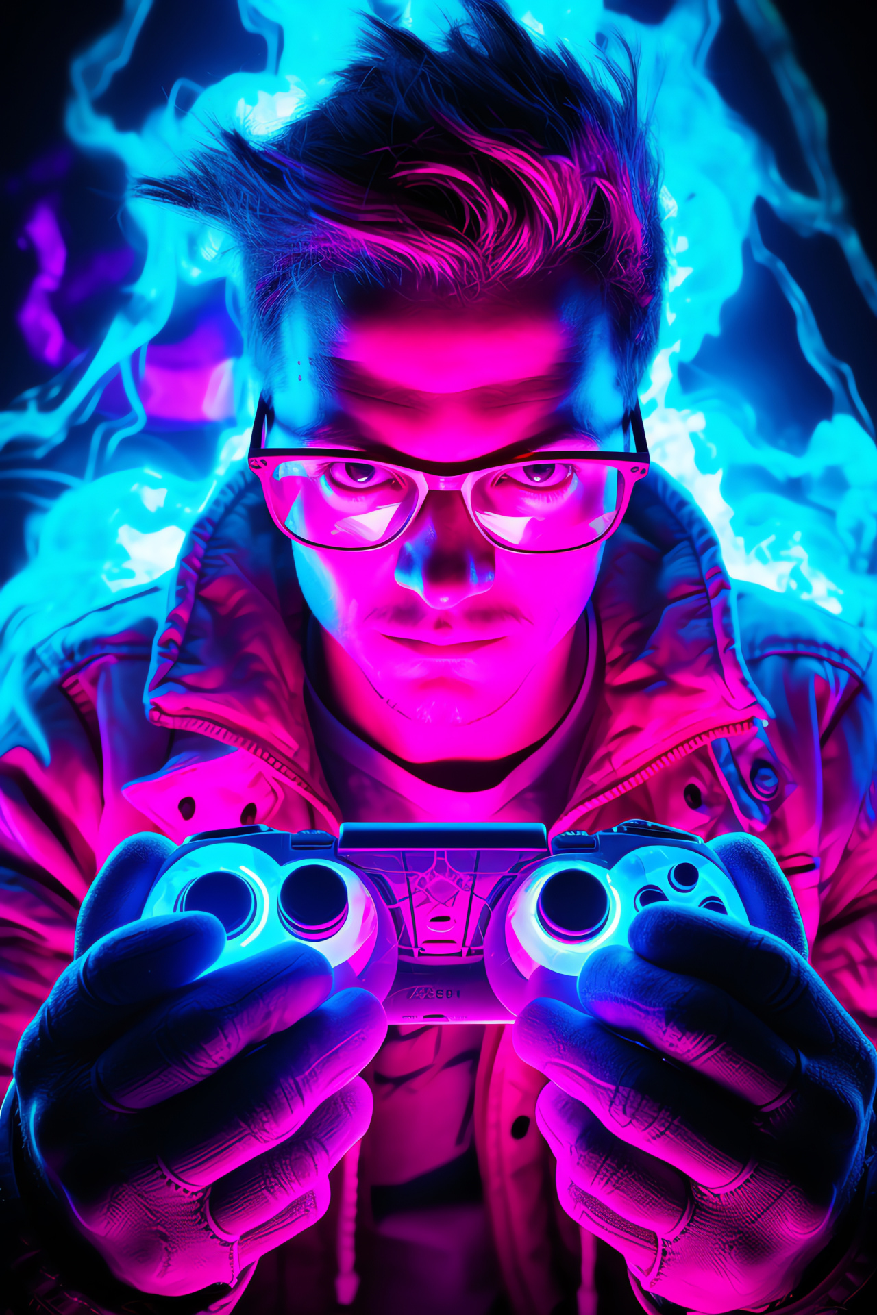 Domineering PC Gamer avatar, neon strokes backdrop, Emerald piercing look, tall stature, HD Phone Image