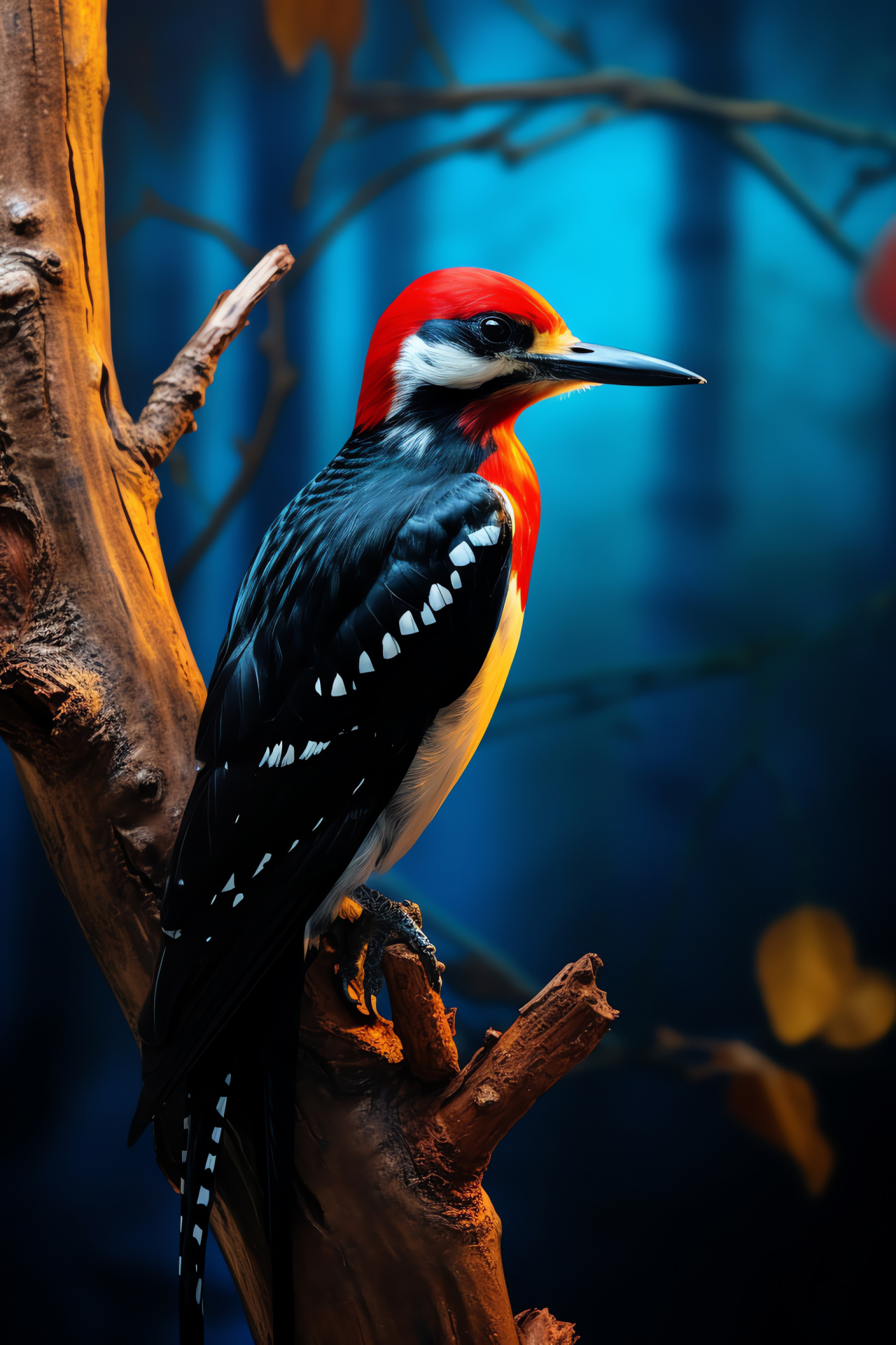 Woodpecker species, avian enthusiasm, tri-color theme, kinetic energy, ornate plumage, HD Phone Image