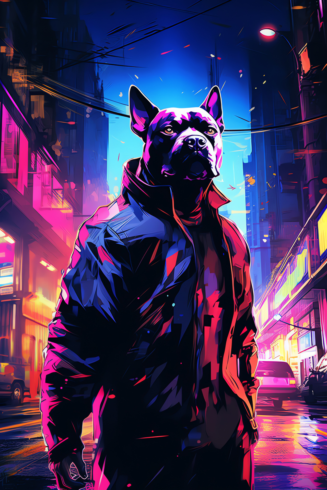 Pitbull dog species, Ebony-haired canine, Illuminated urban setting, City skyline, Majestic animal stance, HD Phone Image