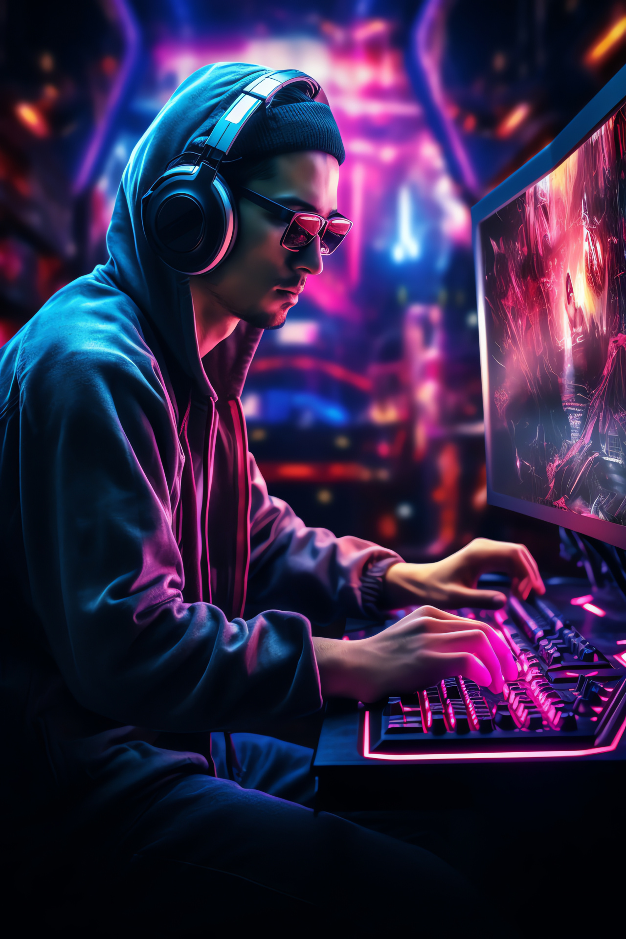 PC Gamer expertise, skilled player command, intense focus on gameplay, upright player posture, confidence aura, HD Phone Wallpaper